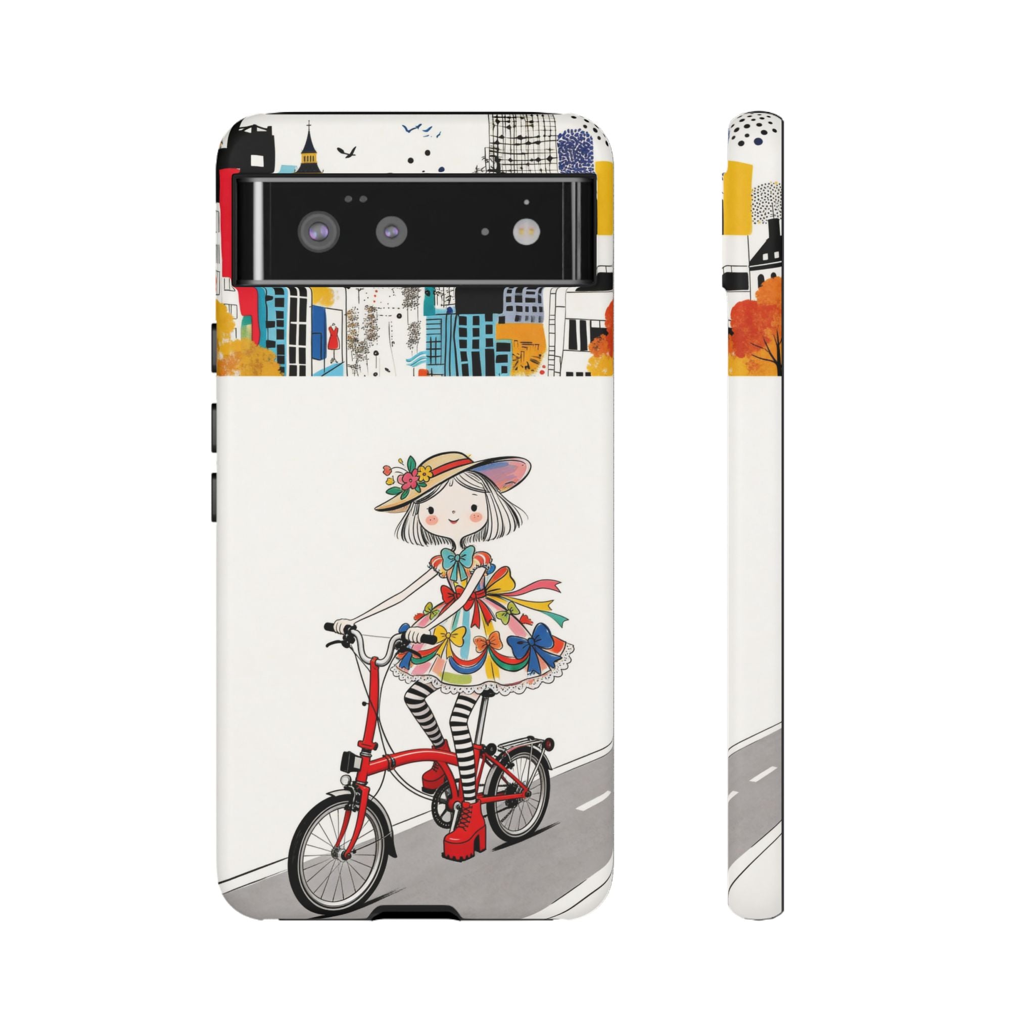 Whimsical Girl on Brompton Bicycle Urban Illustration Google Pixel Phone Case