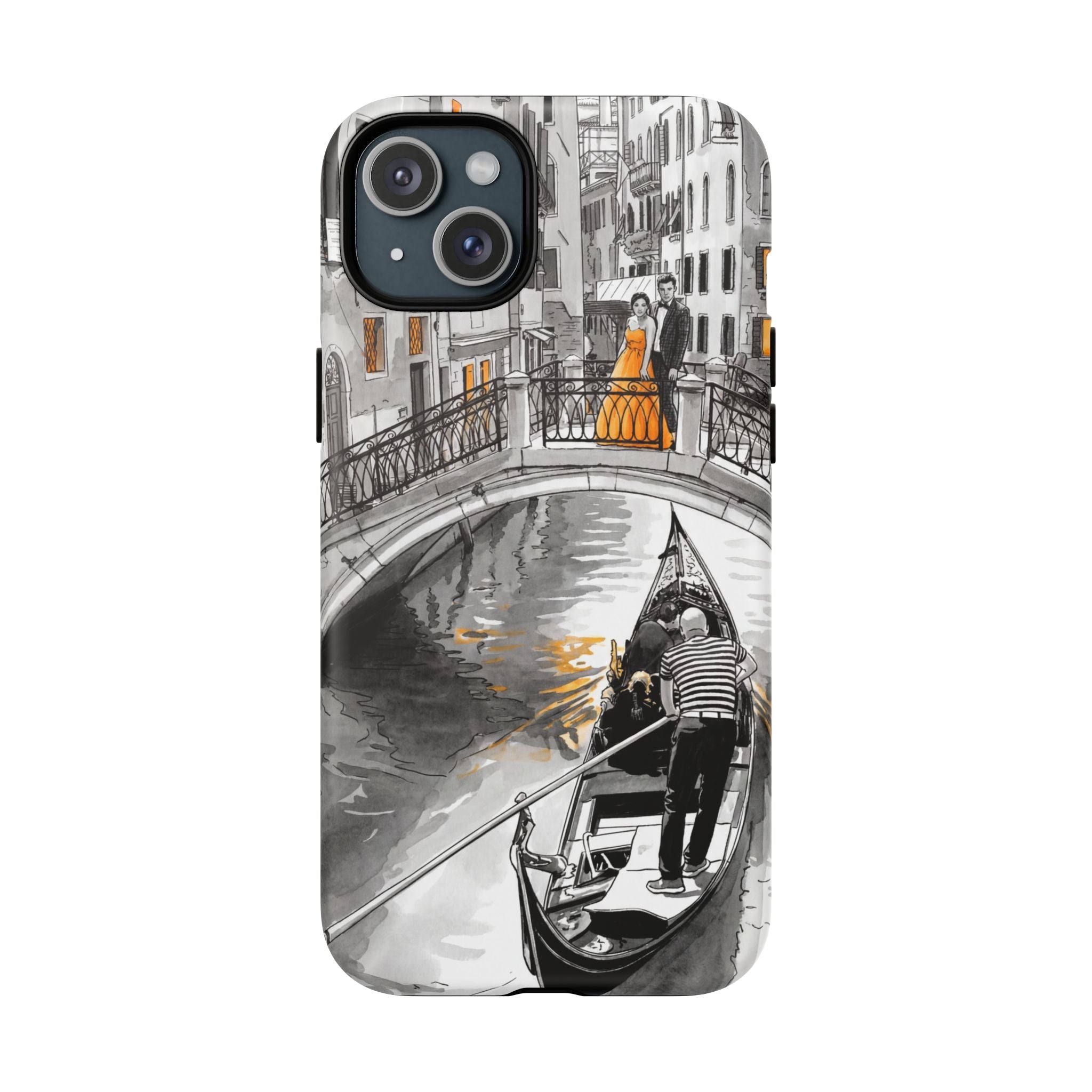 Custodia per iPhone Gondola di Venezia | Custodia MagSafe resistente con motivo schizzo in bianco e nero e dettagli dorati