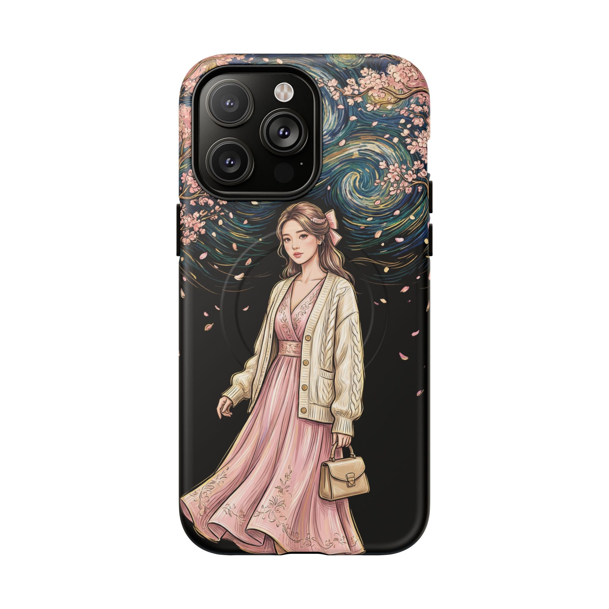 Floral Starry Night MagSafe iPhone Case | Elegant Girl in Pink Dress