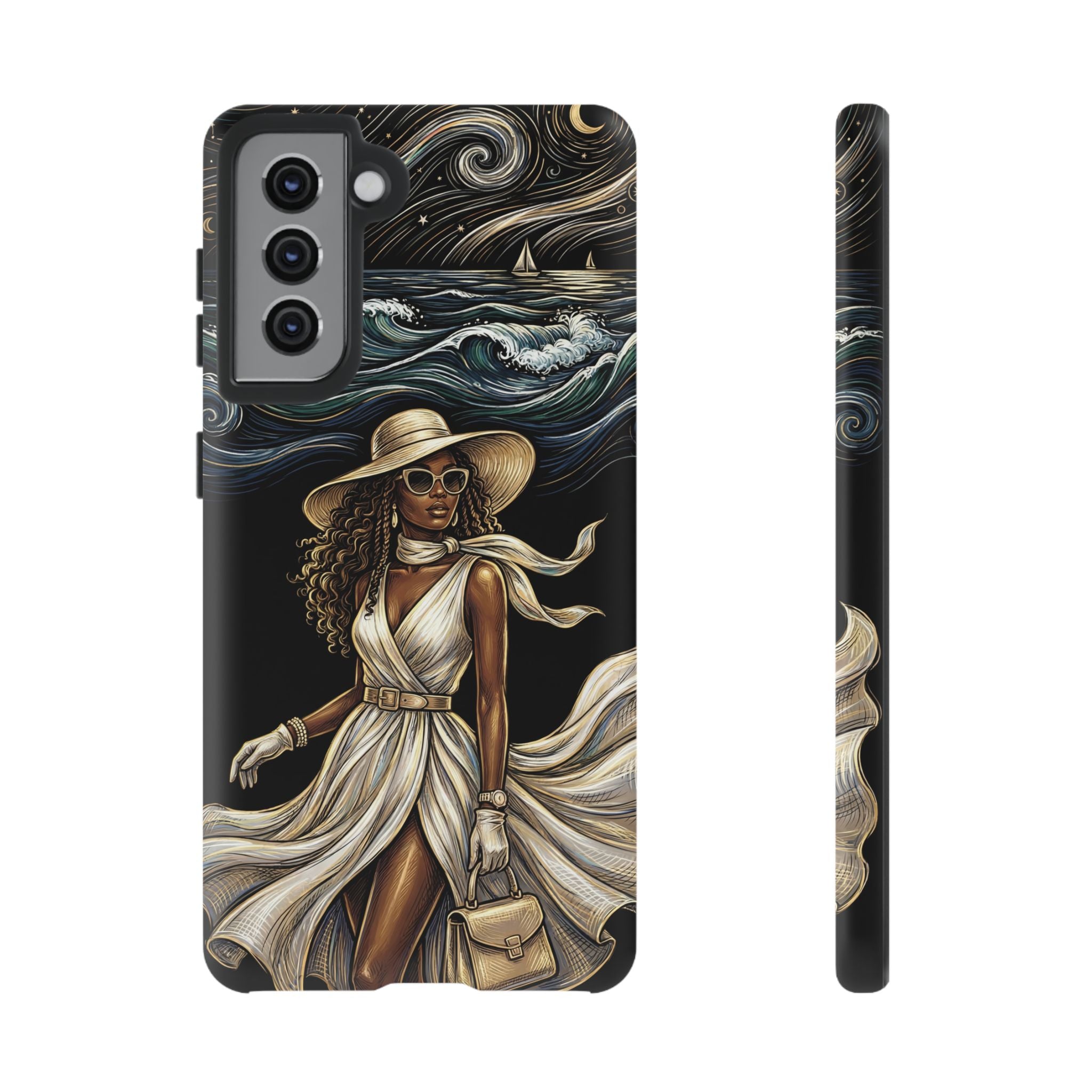 Samsung Galaxy Phone Case | Elegant Black Woman in Flowing Dress by the Sea