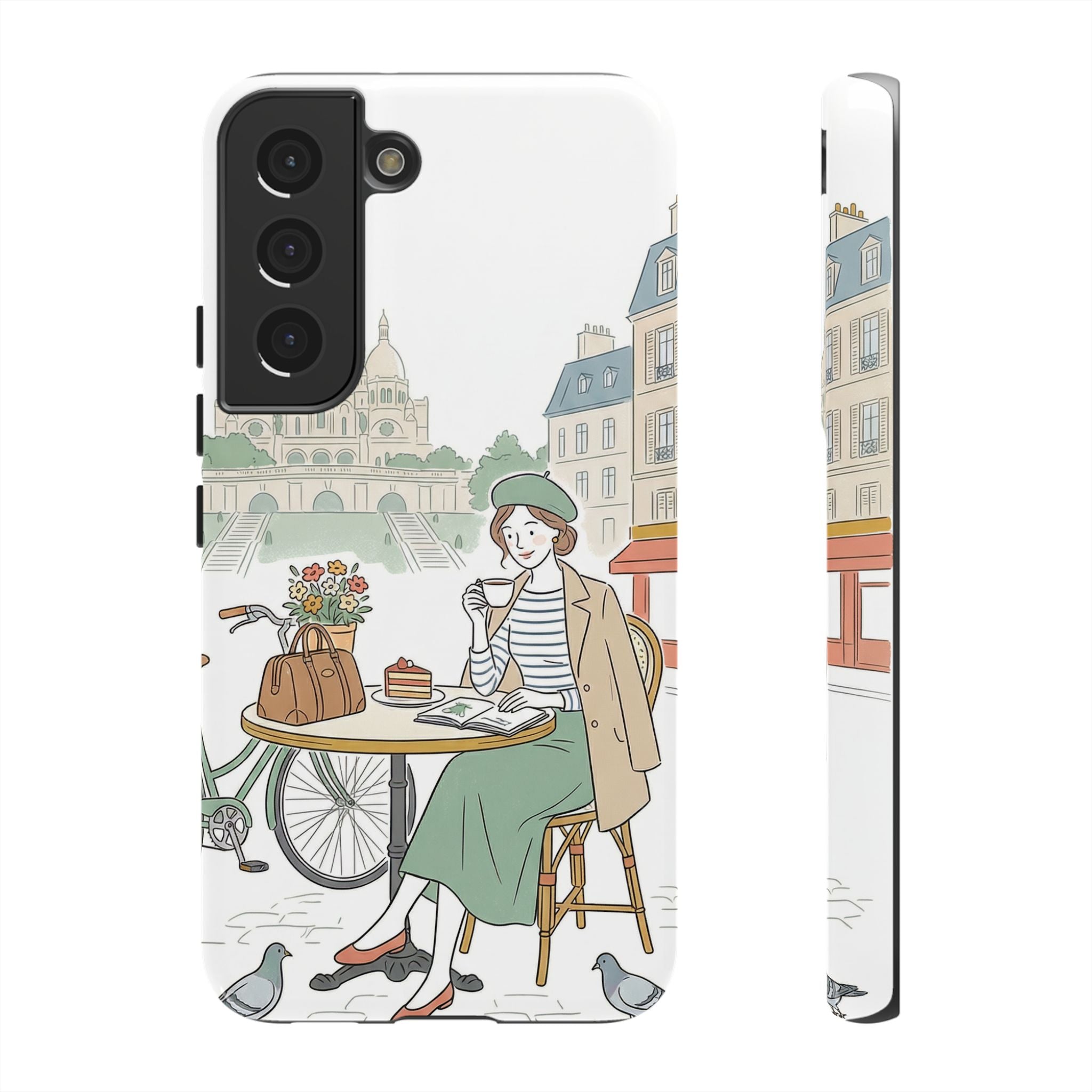 Paris Cafe Illustration Samsung Galaxy Phone Case | Vintage Bicycles & Pigeons Protective Cover