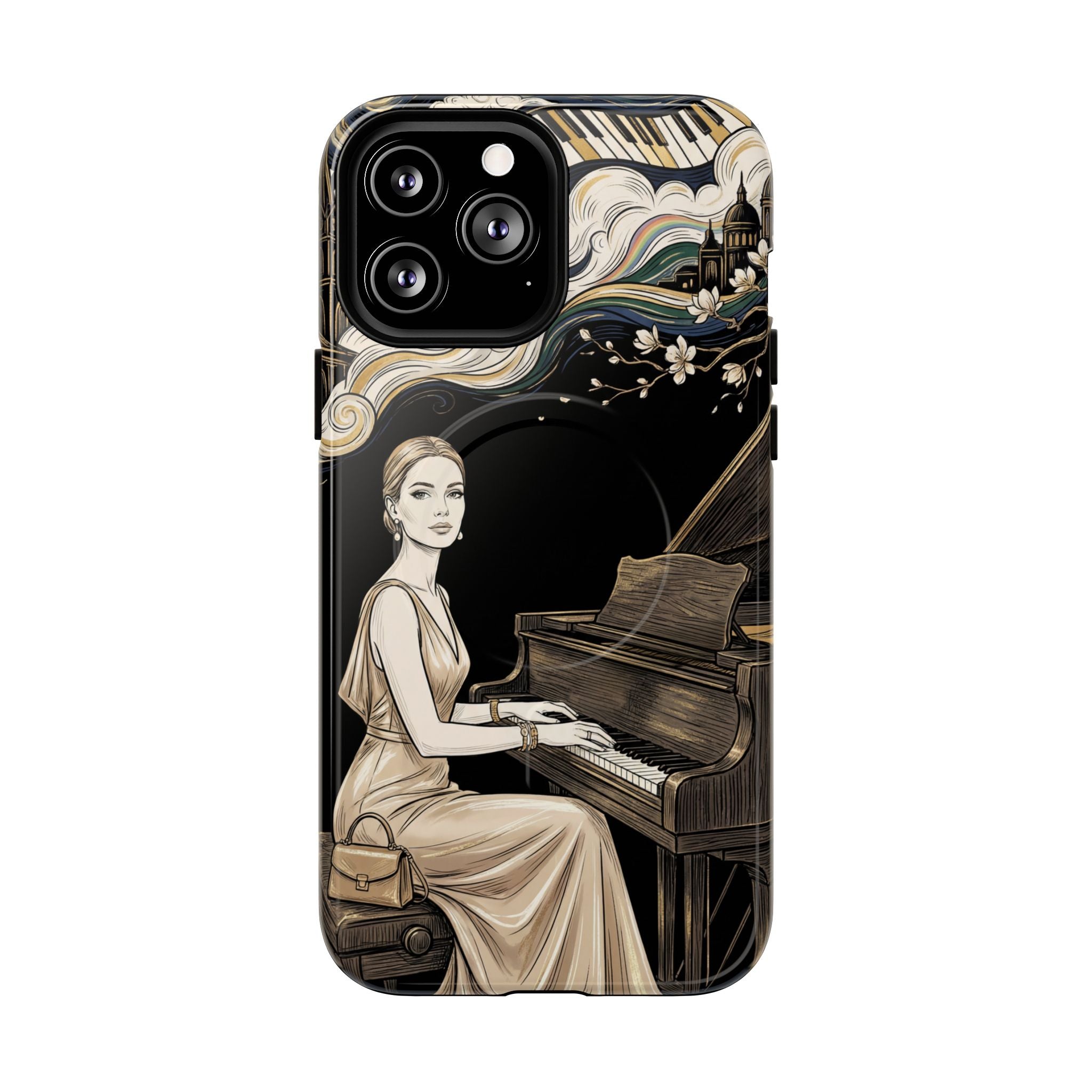 Elegant Piano Woman MagSafe iPhone Case | Vintage Art Deco Music Design