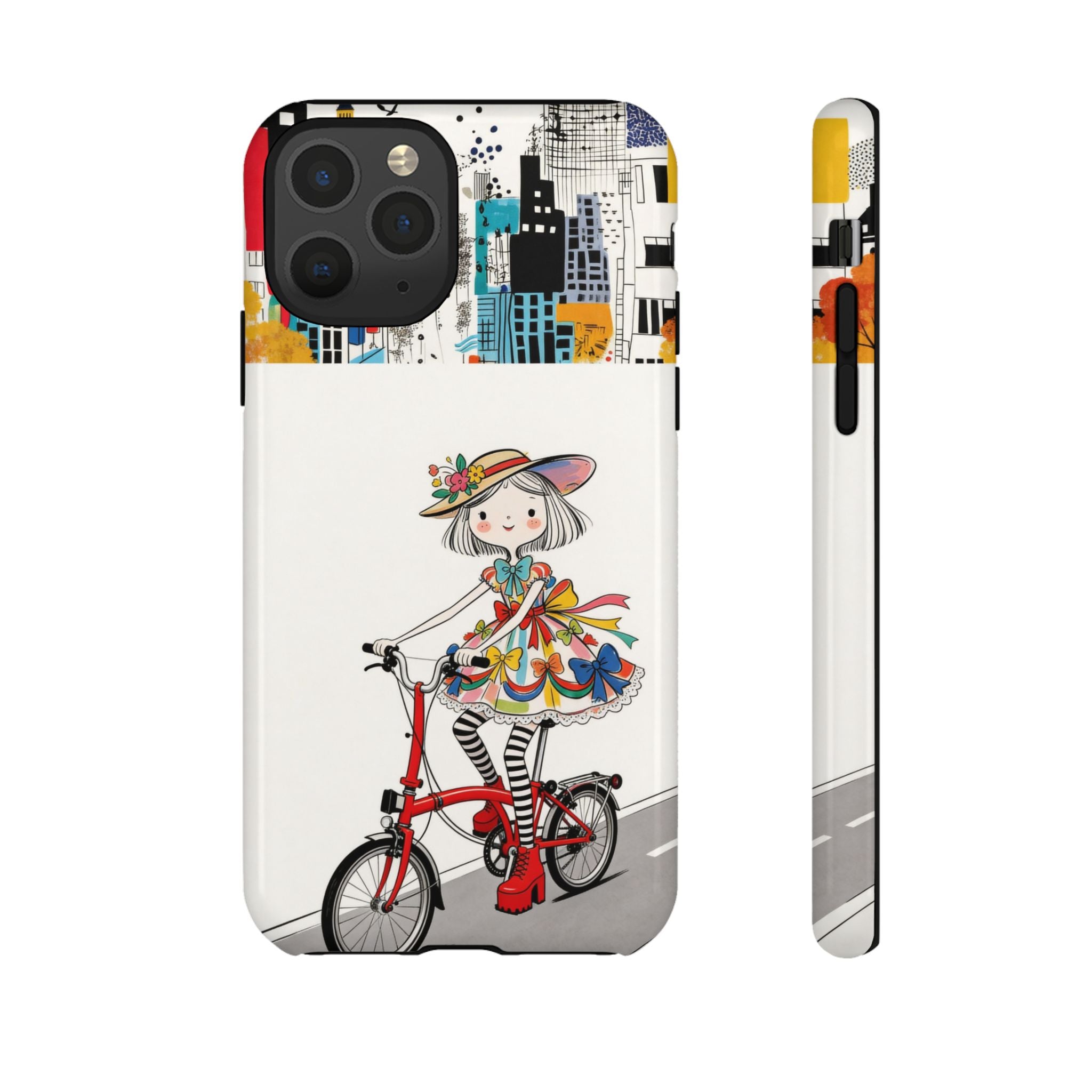 Whimsical Girl on Brompton Bicycle Urban Illustration iPhone Case