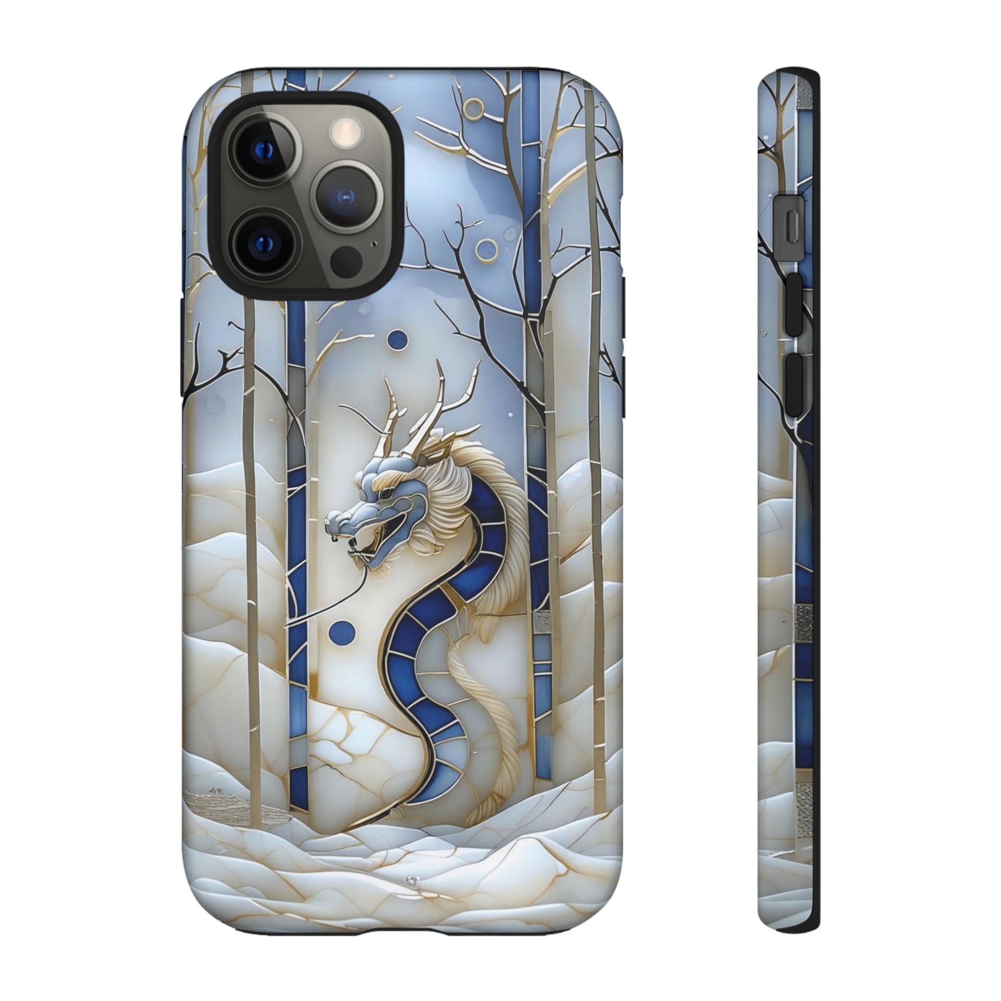 Dragon Stained Glass iPhone Case — Blue Winter Forest Protective Cover