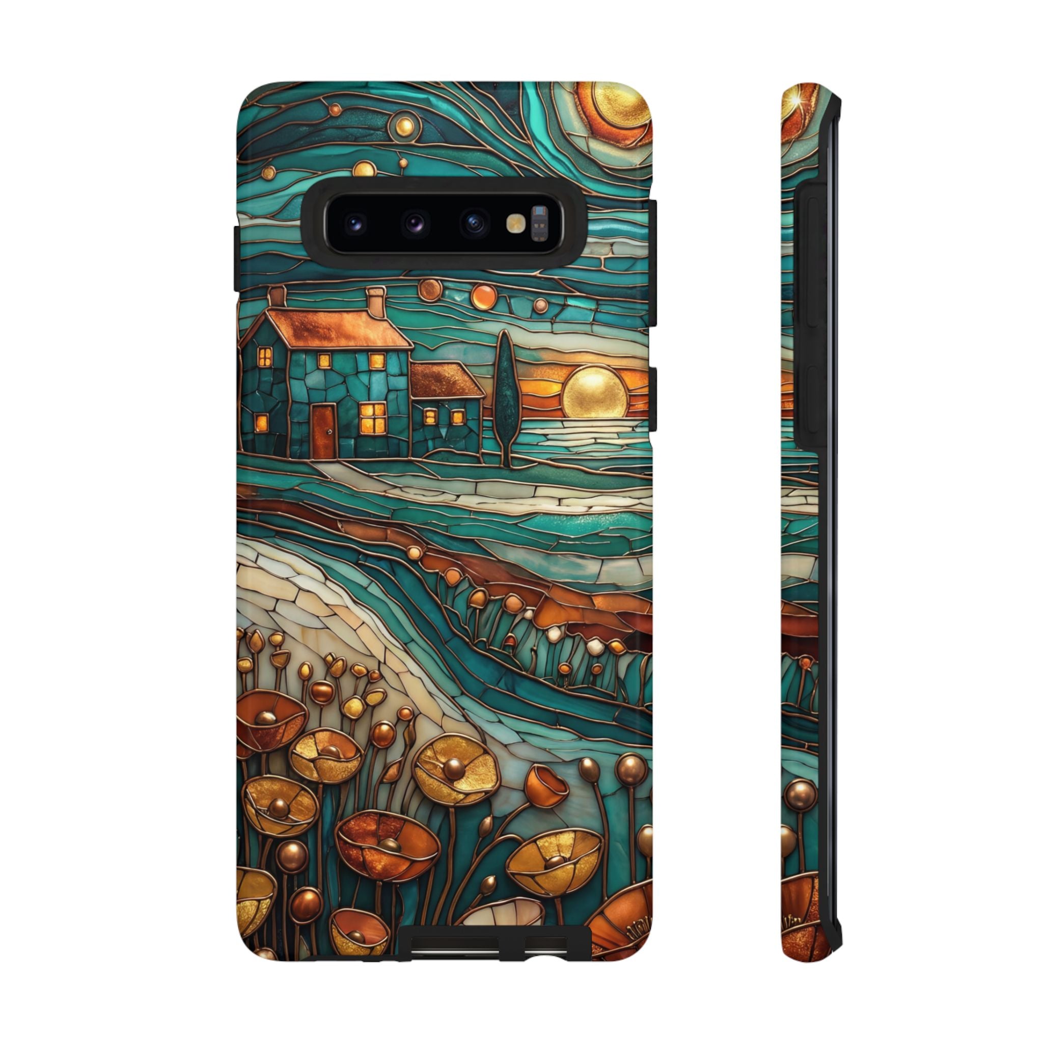 Artistic Sunset Cottage Samsung Galaxy Case | Whimsical Floral Landscape Protective Cover
