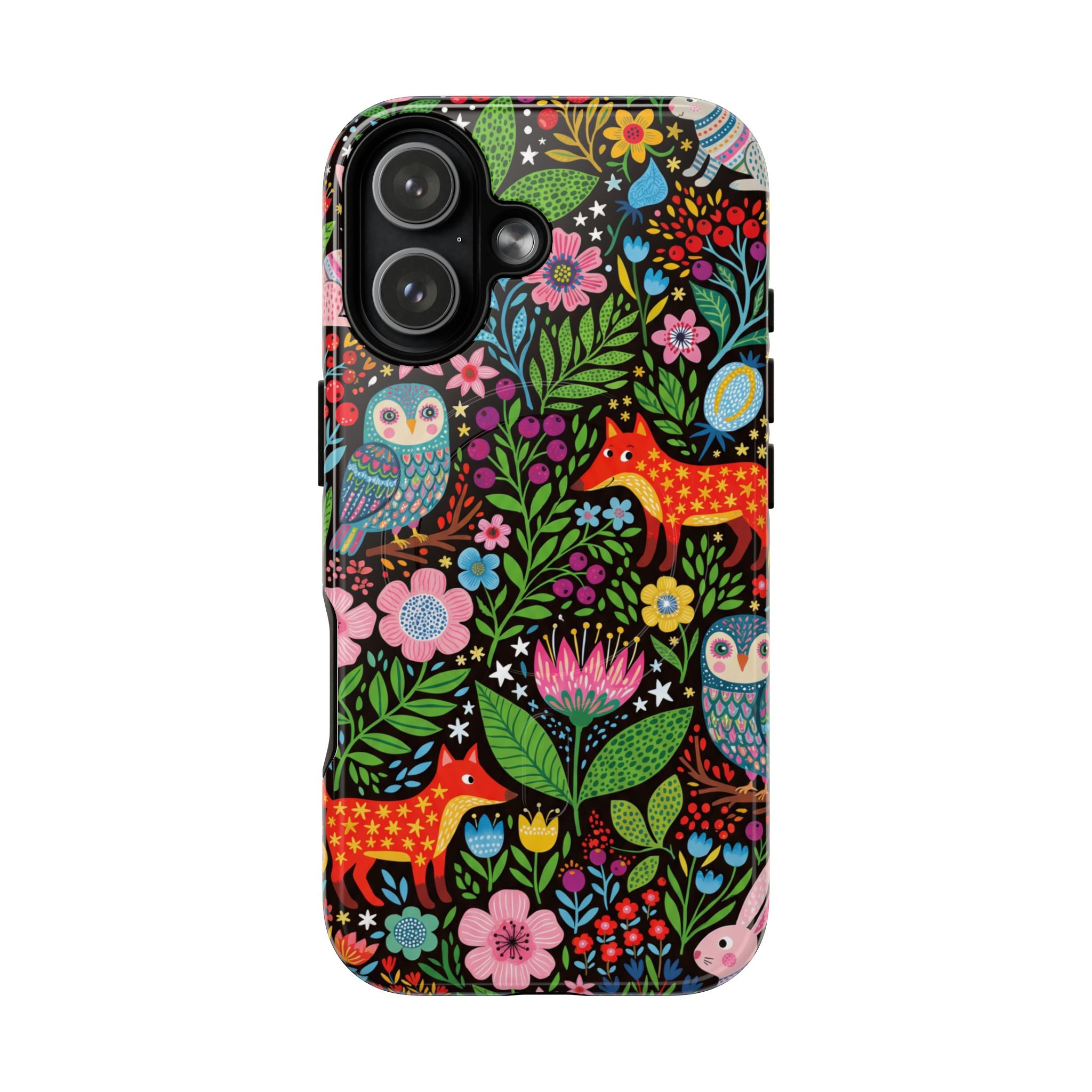 Floral Woodland MagSafe iPhone Case | Colourful Fox & Owl Protective Cover