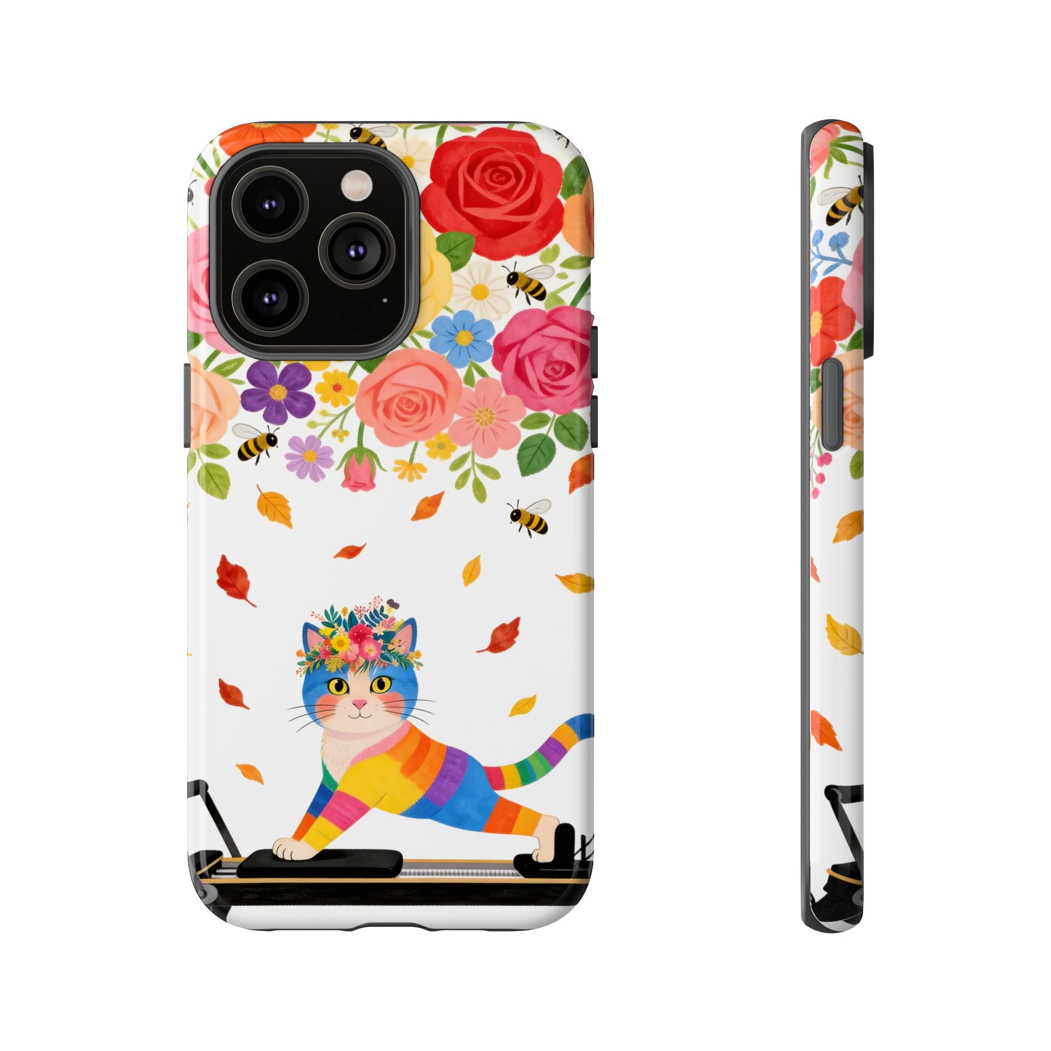 Floral Rainbow Cat Tough iPhone Case — Colorful Pilates Cat Design