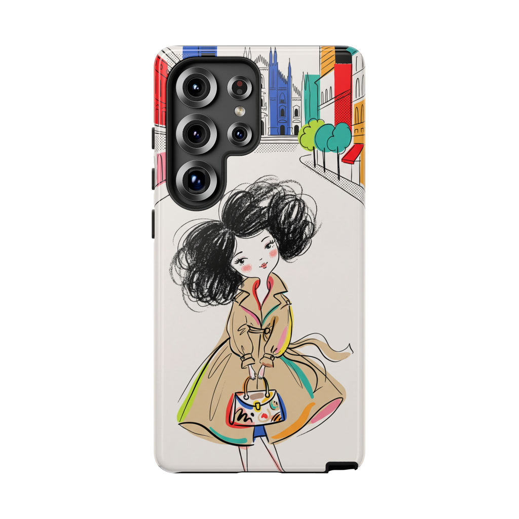 Custodia per Samsung Galaxy Ragazza di Città Chic con Trench Illustrato