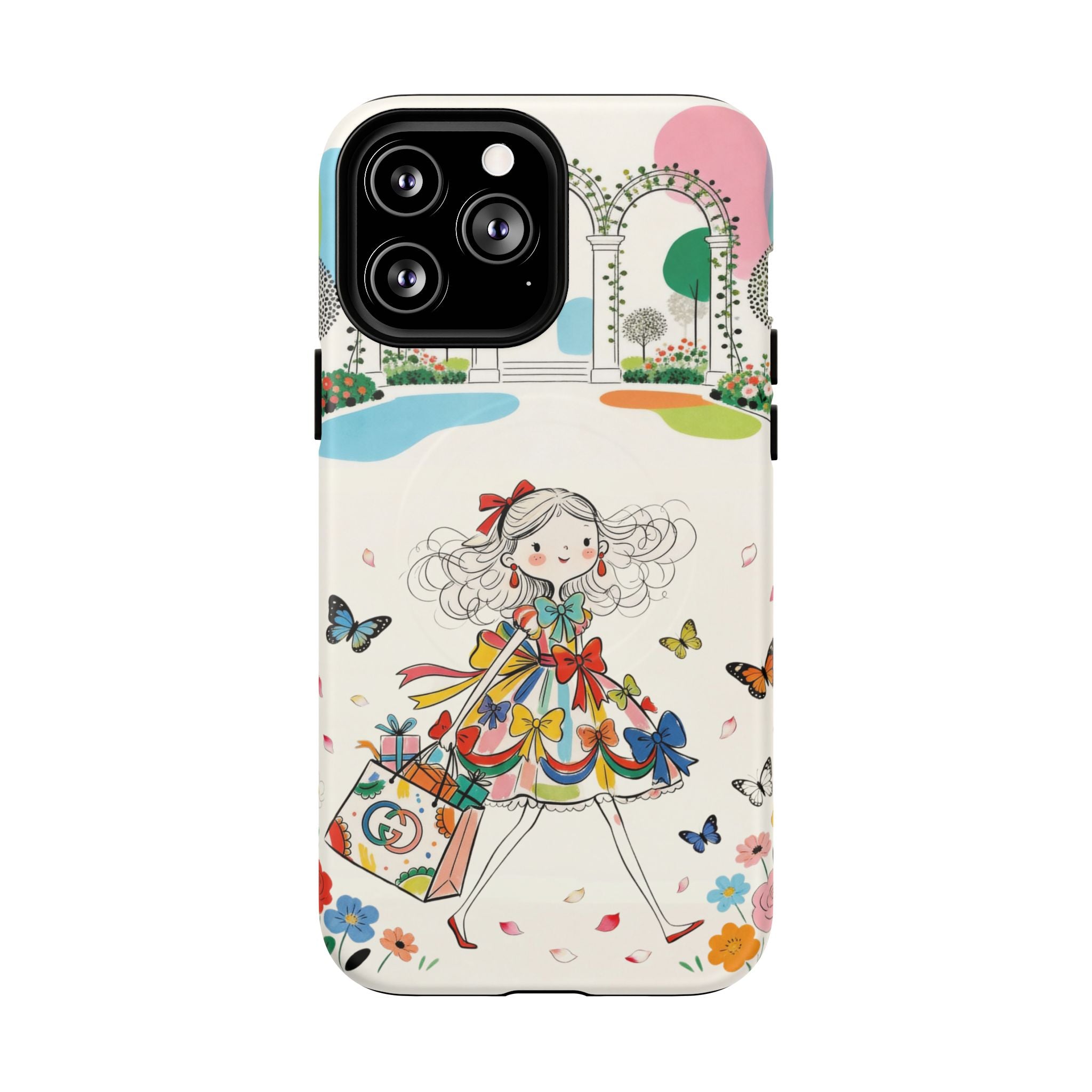 Whimsical Shopping Girl MagSafe iPhone Case | Cute Floral Butterfly Tough Case