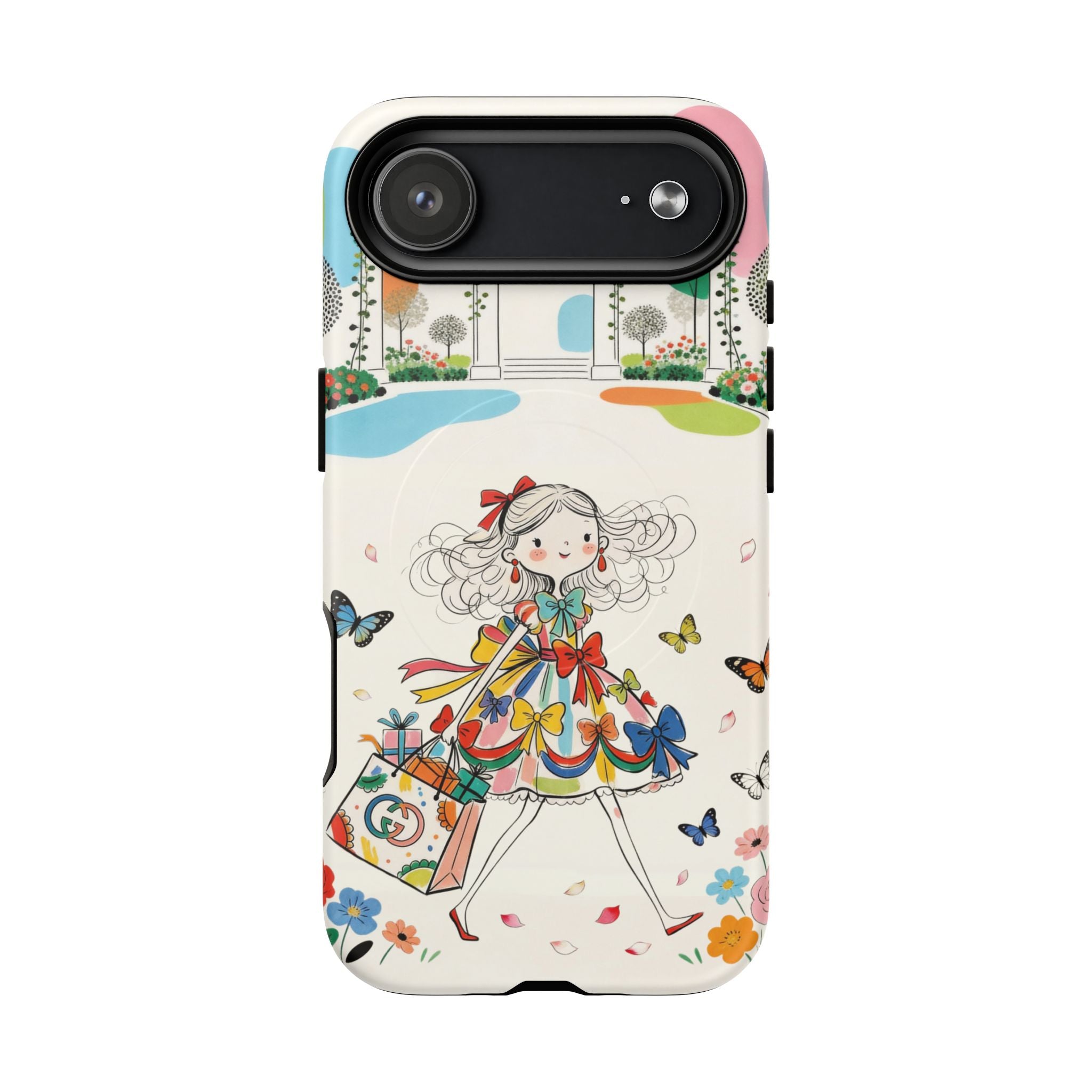 Whimsical Shopping Girl MagSafe iPhone Case | Cute Floral Butterfly Tough Case