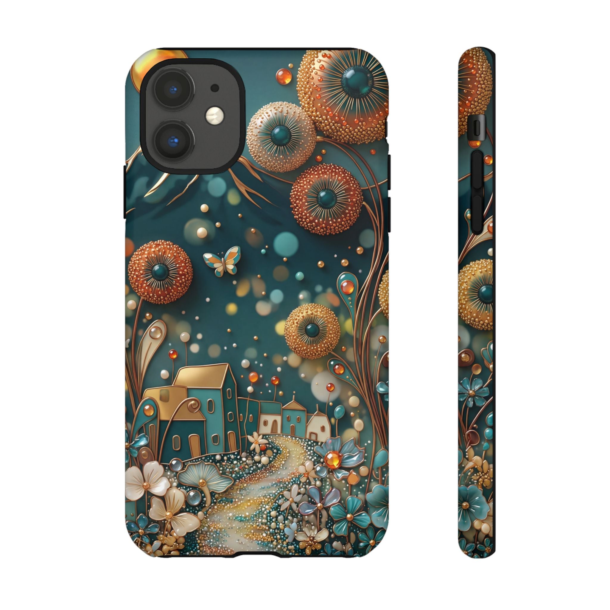 Whimsical Night Village iPhone Case | Floral Moonlit Art Tough Case