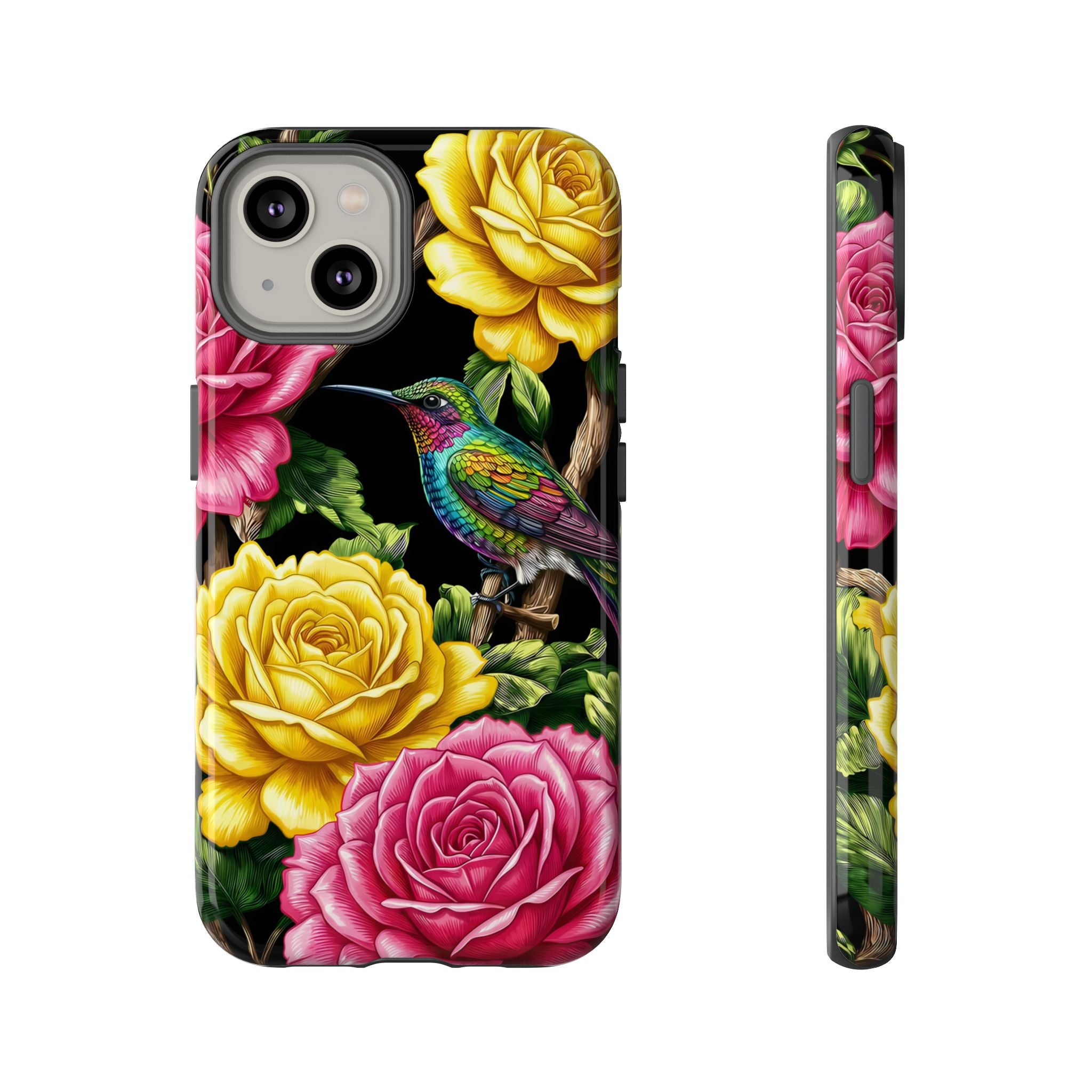 Floral Hummingbird Tough iPhone Case | Vibrant Rose & Yellow Garden Protection