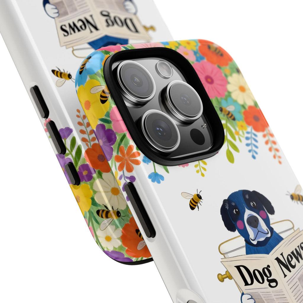 Dog News Floral iPhone Case | Cute Dog on Toilet Pattern, Spring Floral iPhone Cover