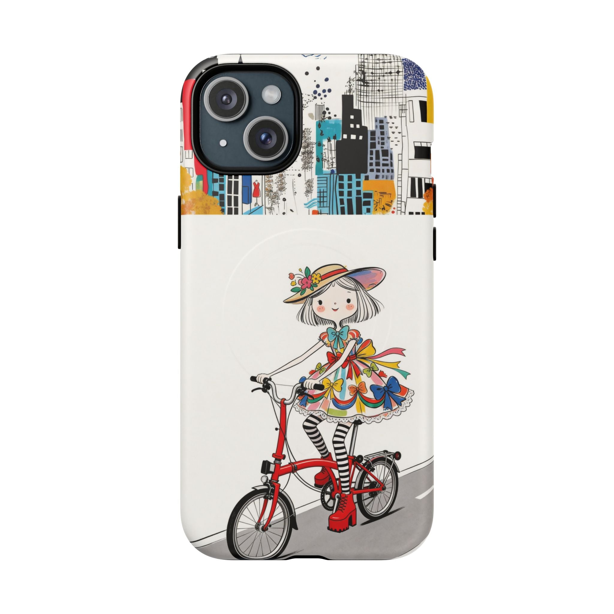 Whimsical Girl on Brompton Bicycle Urban Illustration MagSafe iPhone Case
