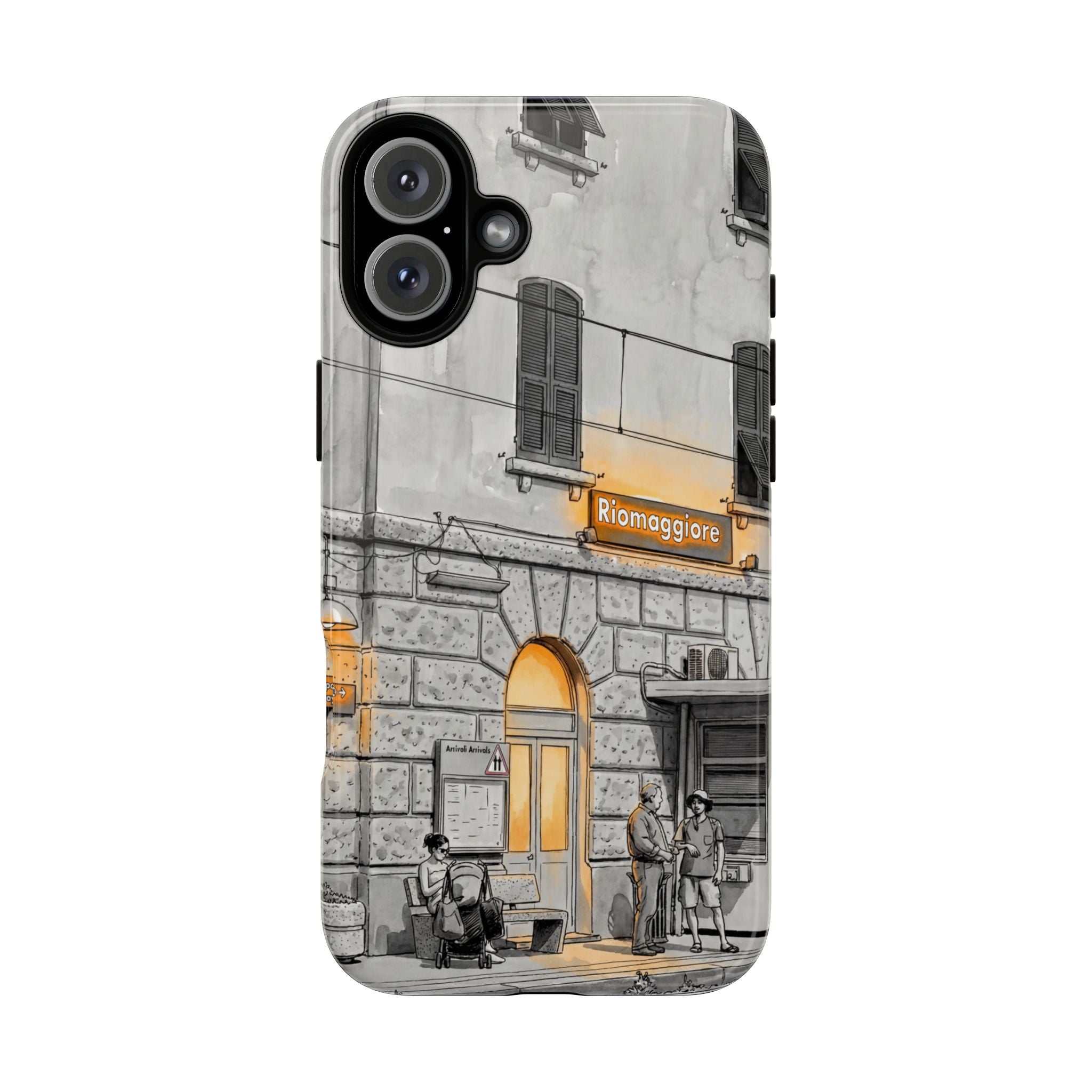 Cinque Terre Train Station iPhone Case | Black & White Sketch with Warm Yellow Accents