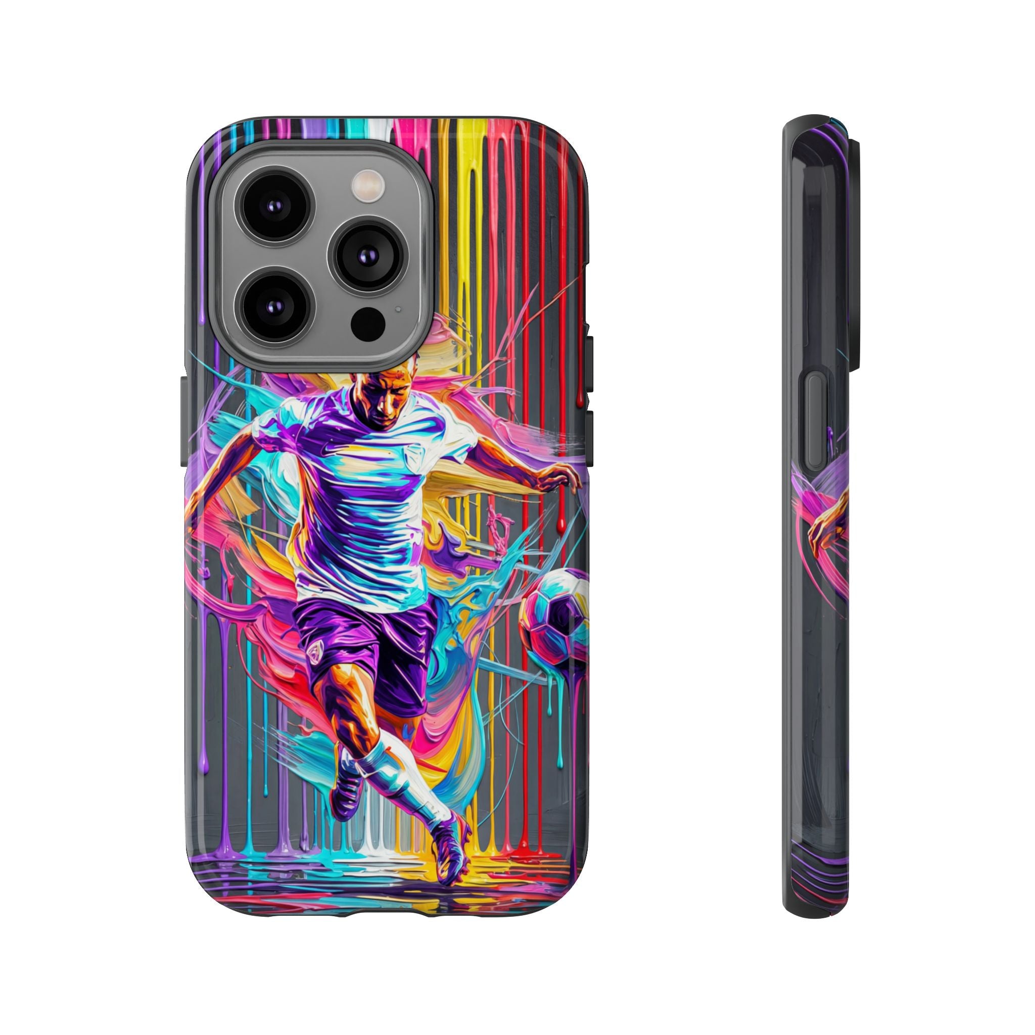 Soccer Player Neon Art iPhone Case | Vibrant Football Kick Protective Cover