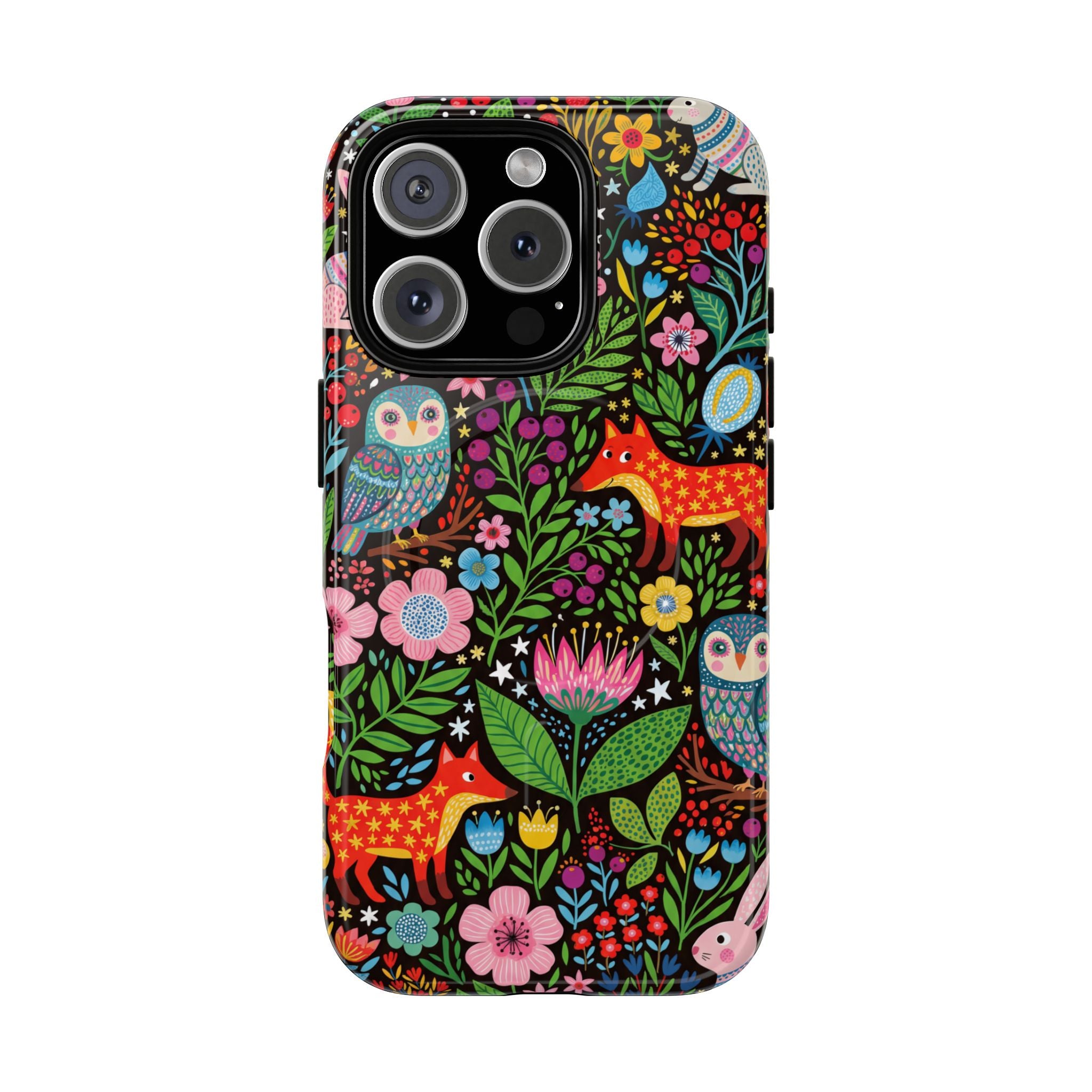 Floral Woodland MagSafe iPhone Case | Colourful Fox & Owl Protective Cover
