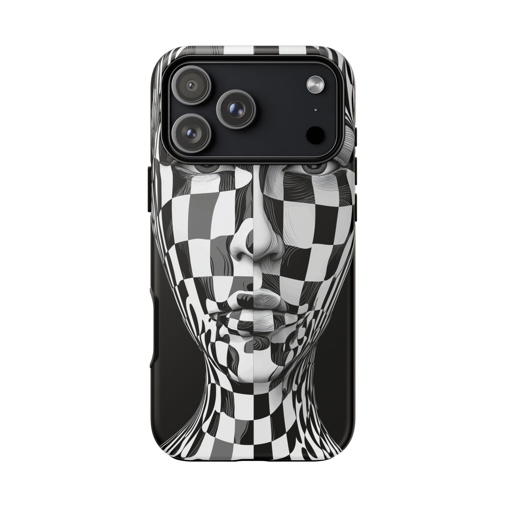 Checkerboard Face Tough iPhone Case — Black & White Surreal Art Protective Cover