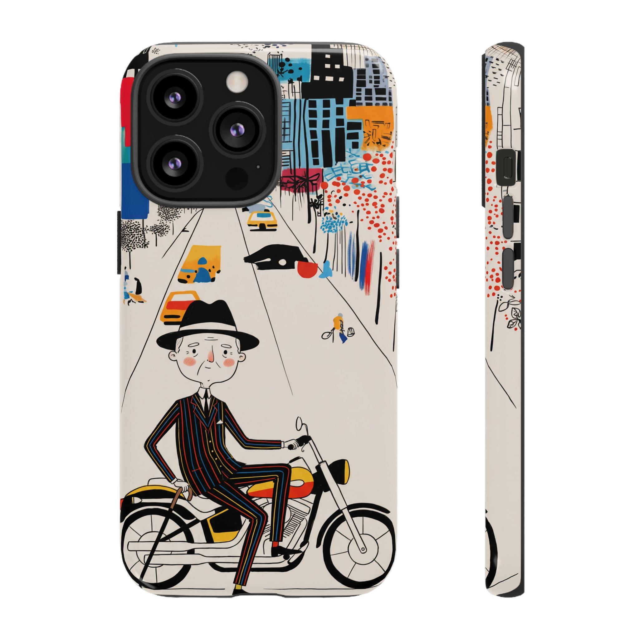 Vintage Grandpa Rider Motorcycle iPhone Case | Illustrated Cityscape