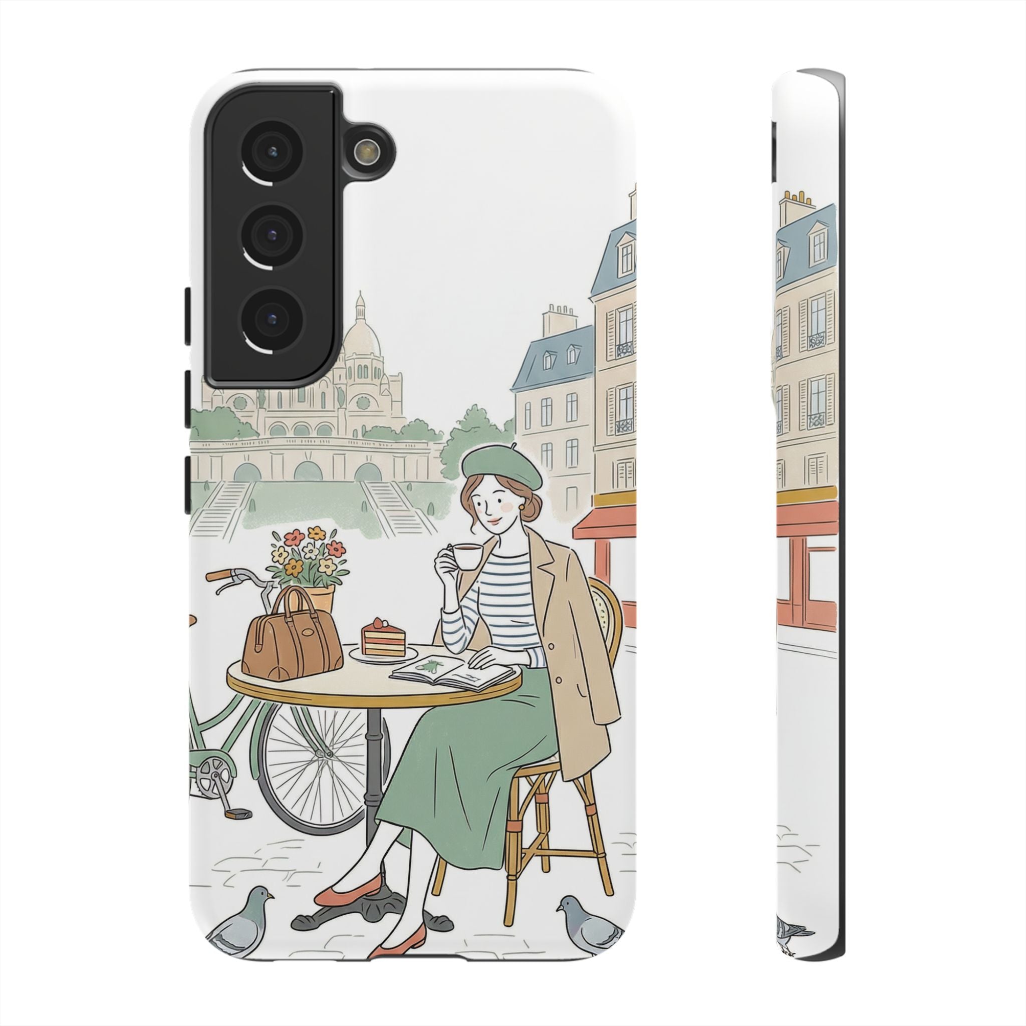 Paris Cafe Illustration Samsung Galaxy Phone Case | Vintage Bicycles & Pigeons Protective Cover