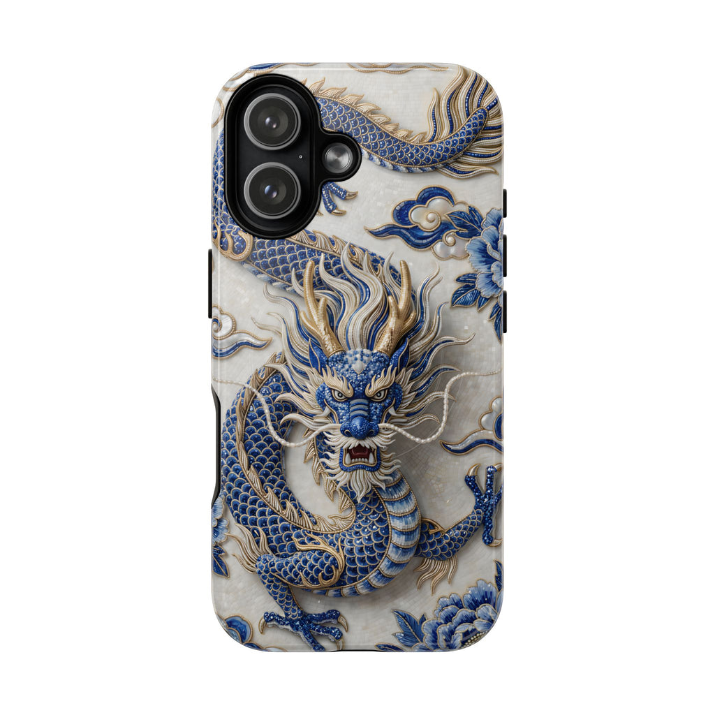 Custodia MagSafe per iPhone Drago Zodiaco Asiatico | Lussuosa Custodia Protettiva in Porcellana Blu e Bianca | Regalo Anno del Drago