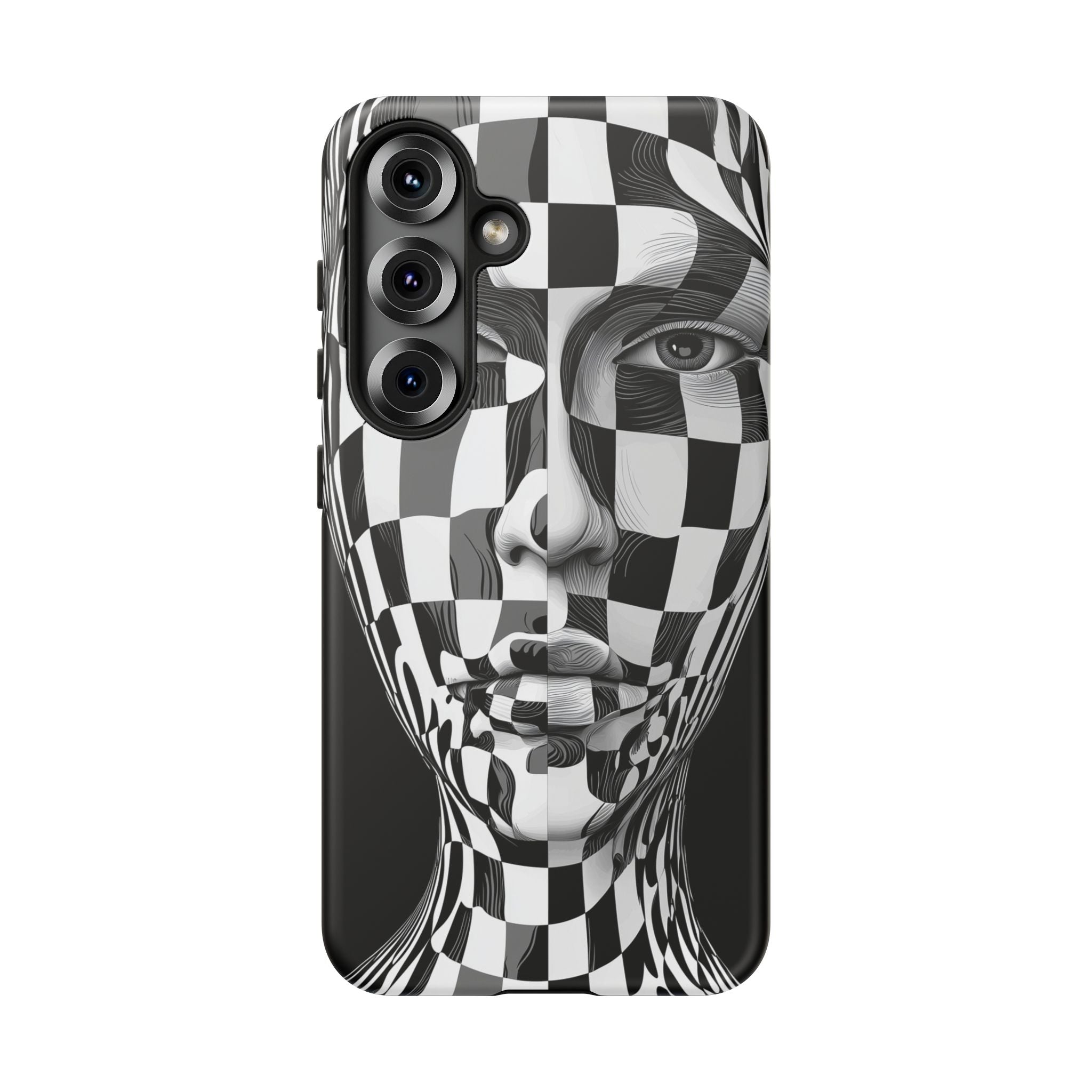 Checkerboard Face Tough Samsung Galaxy Case — Black & White Surreal Art Protective Cover