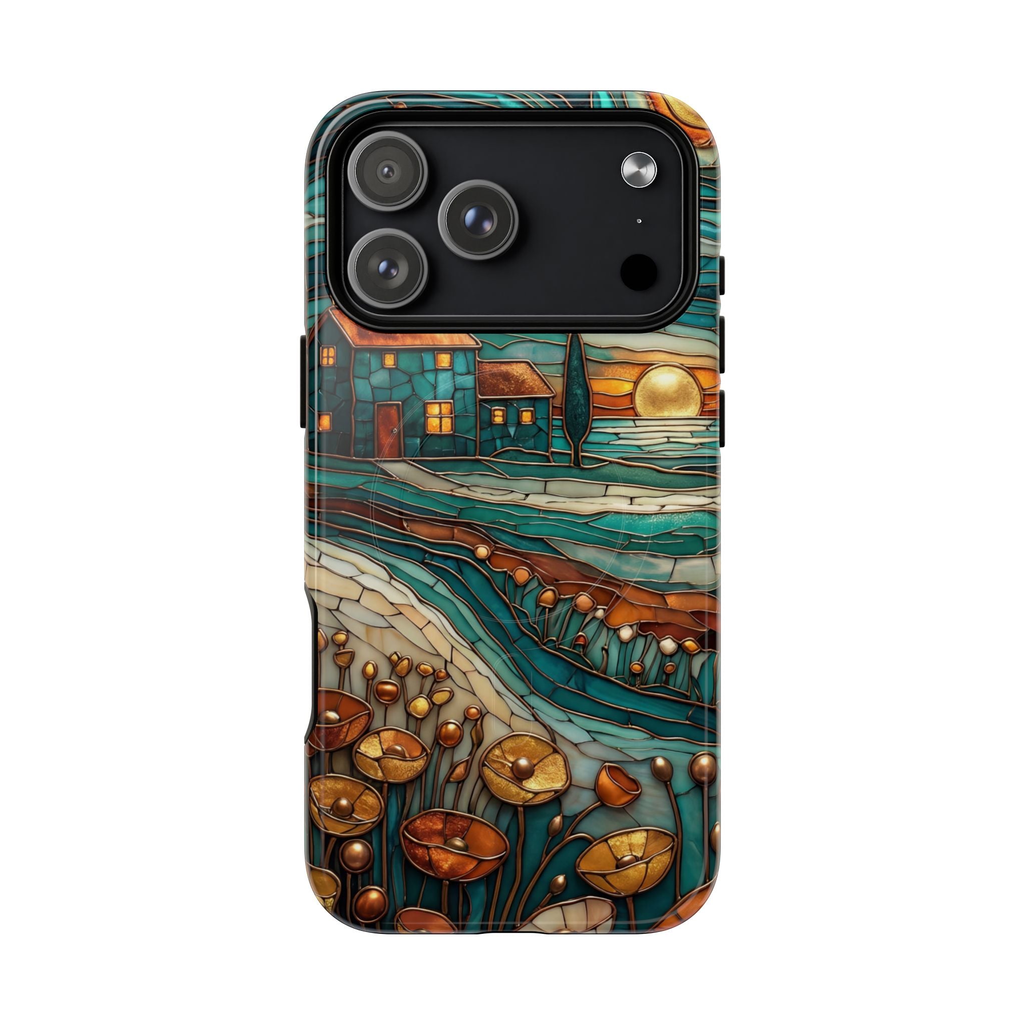 Custodia per telefono MagSafe resistente con paesaggio rustico al tramonto | Custodia protettiva artistica color verde acqua e rame