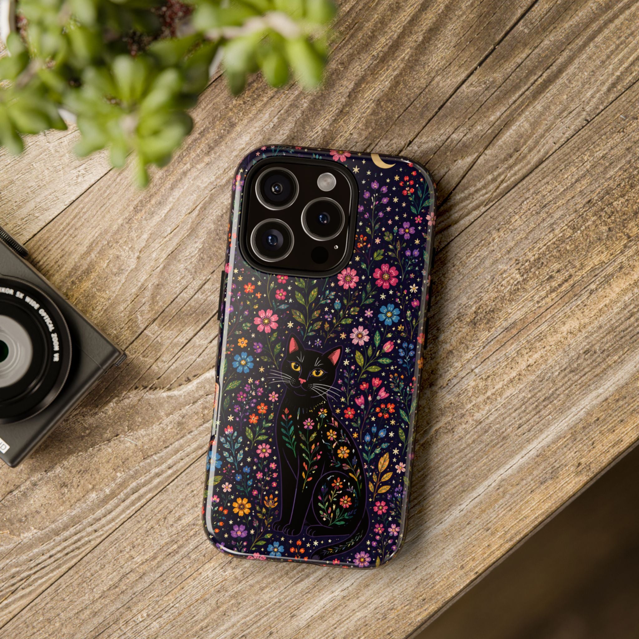 Celestial Black Cat iPhone Case | Whimsigoth Floral