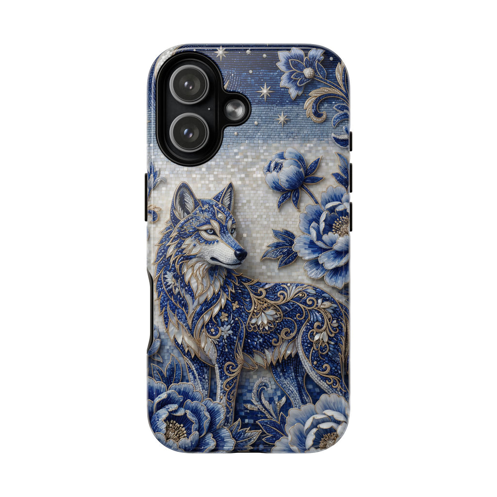 Blue Floral Wolf Tough MagSafe iPhone Case | Moonlit Wolf Protective Cover