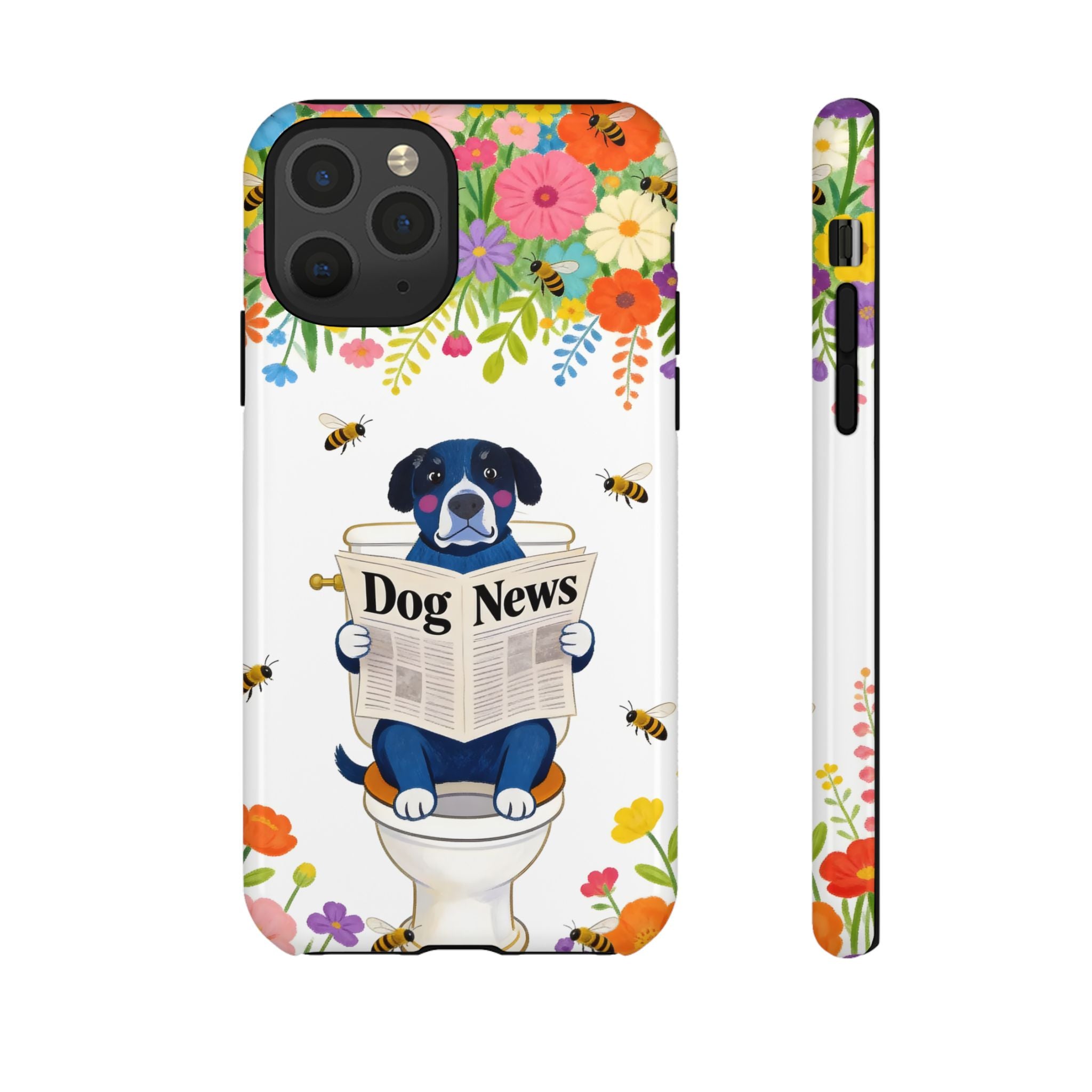 Dog News Floral iPhone Case | Cute Dog on Toilet Pattern, Spring Floral iPhone Cover