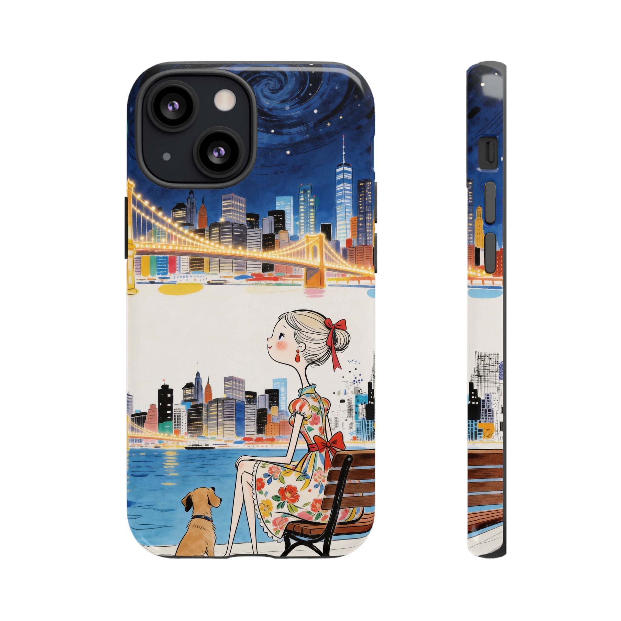 City Night iPhone Case | Cute Girl & Dog Bench Illustration