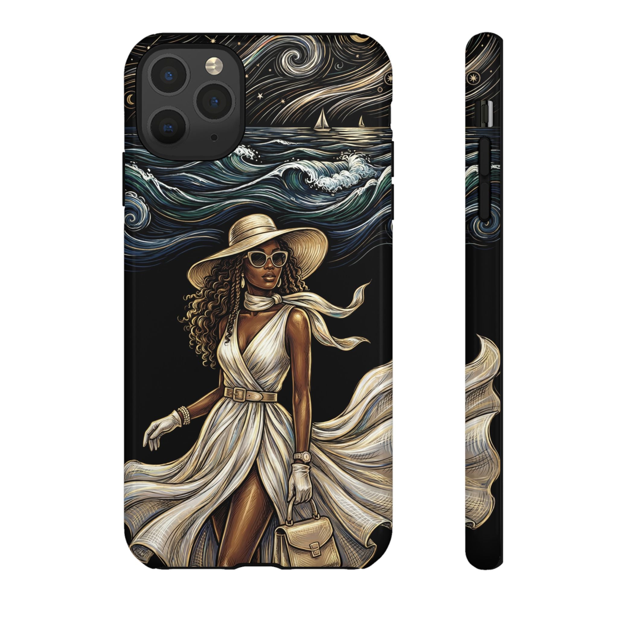iPhone Case | Elegant Black Woman in Flowing Dress by the Sea