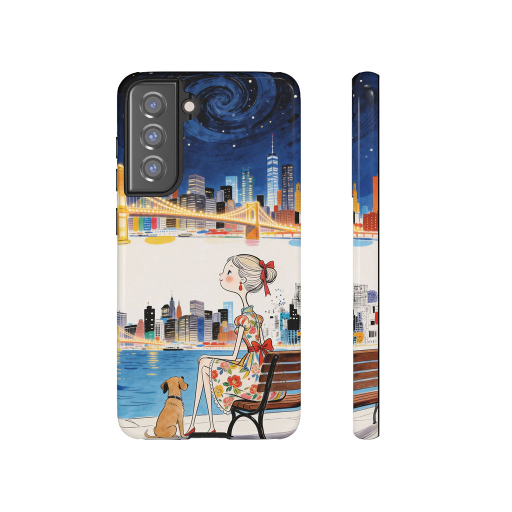 Cover per Samsung Galaxy "City Night" | Illustrazione Ragazza e Cane su Panchina