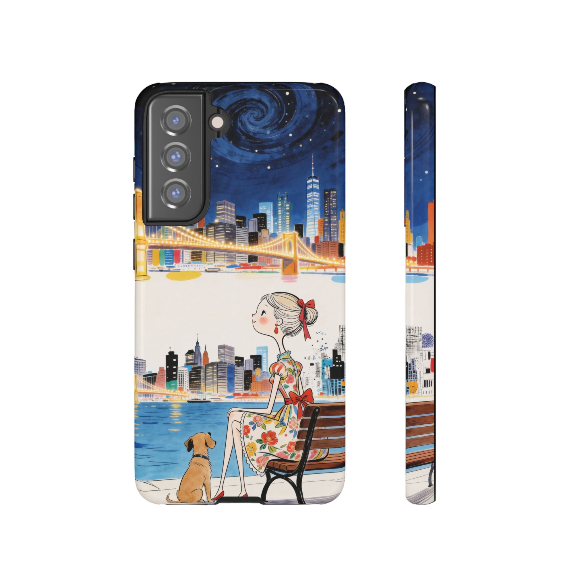 City Night Samsung Galaxy Phone Case | Cute Girl & Dog Bench Illustration