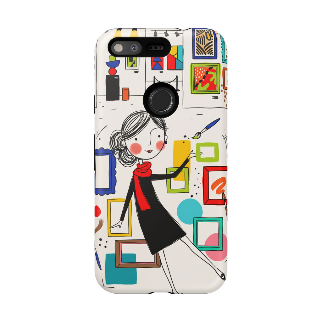 Art Gallery Illustration Google Pixel Phone Case | Cute Woman with Frames Design