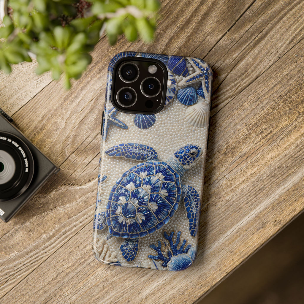 Cover per iPhone con motivo in ceramica blu a tartaruga marina
