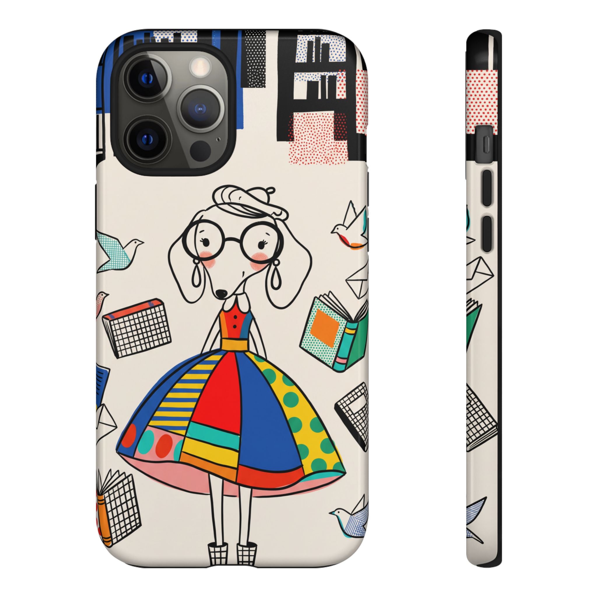Cute Dachshund Dog Illustration iPhone Case | Colorful Whimsical Book & Bird Design