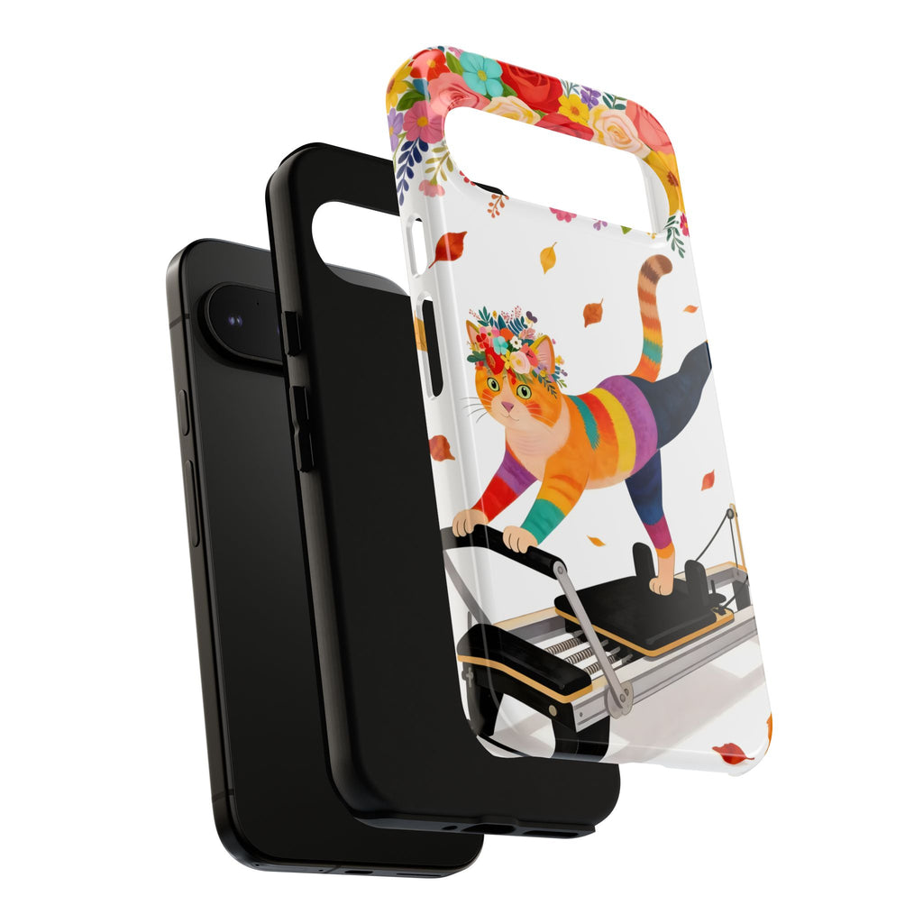 Custodia per telefono Google Pixel Cat Pilates | Gatto floreale arcobaleno sul Reformer
