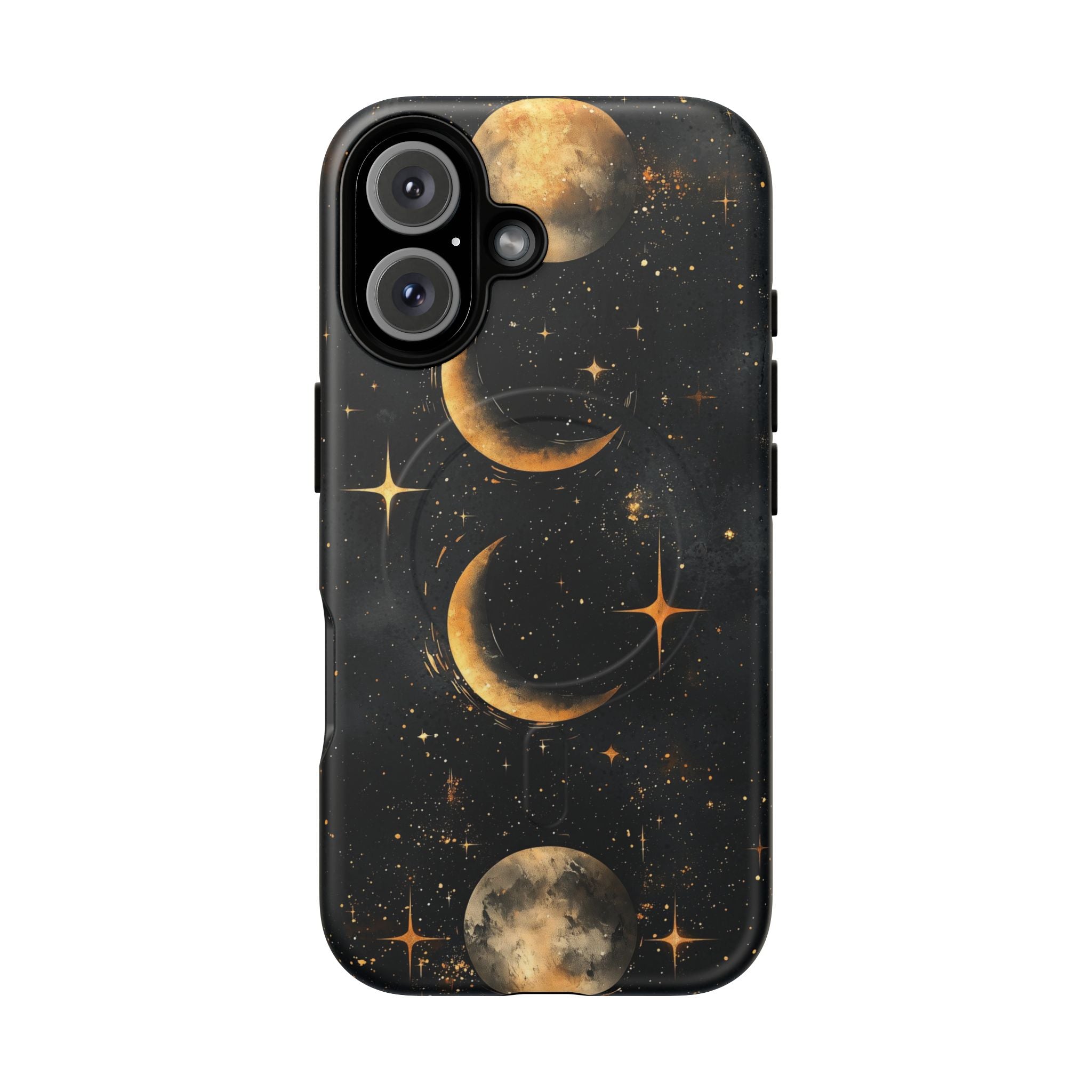Custodia rigida MagSafe per iPhone con fasi lunari celestiali | Design a forma di galassia con mezzaluna dorata e luna piena