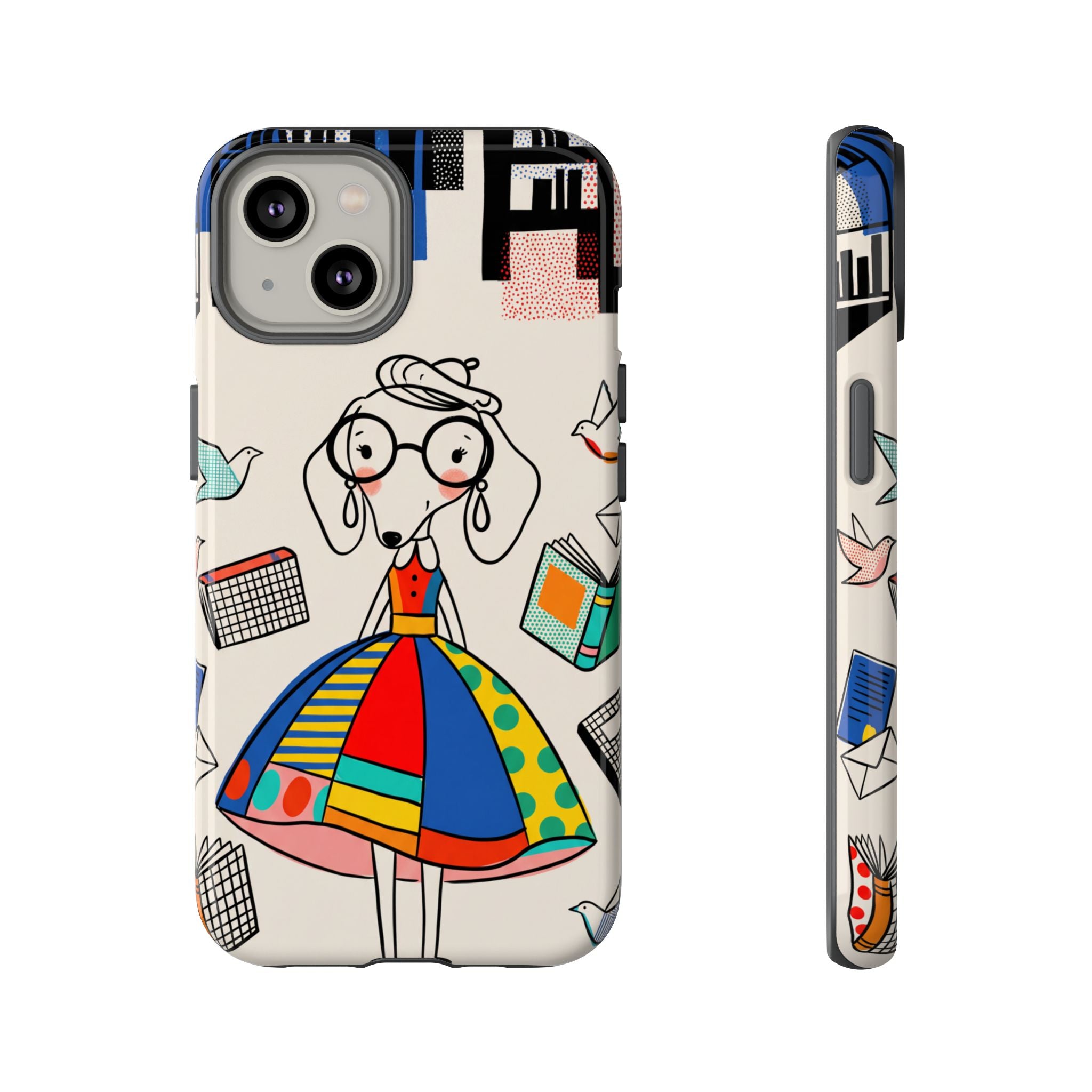 Cute Dachshund Dog Illustration iPhone Case | Colorful Whimsical Book & Bird Design