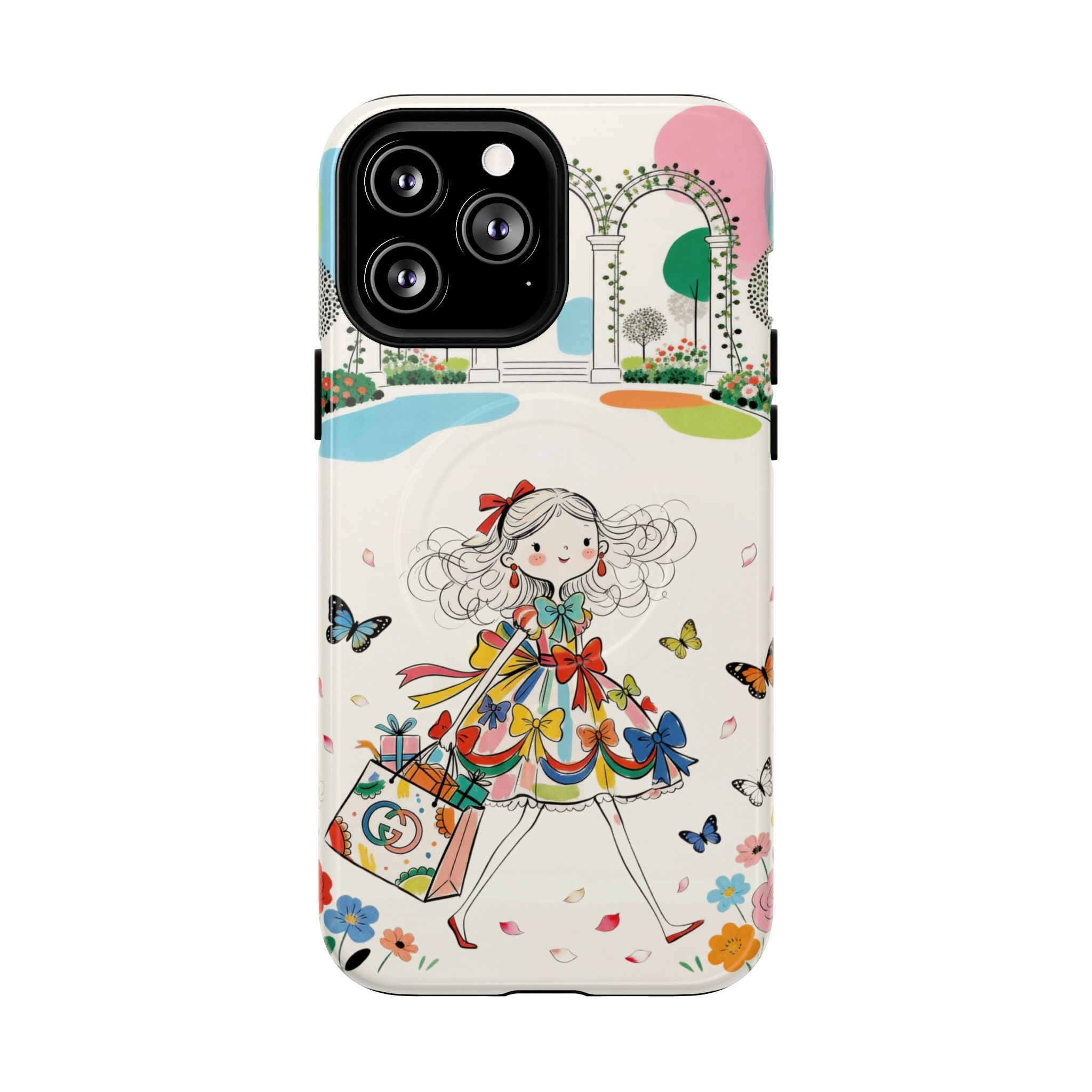 Whimsical Shopping Girl MagSafe iPhone Case | Cute Floral Butterfly Tough Case
