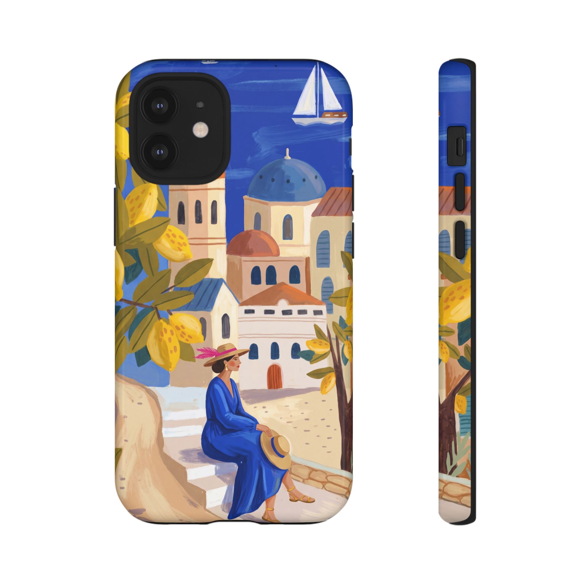 Mediterranean Village iPhone Case | Scenic Sailboat & Lemon Grove Design