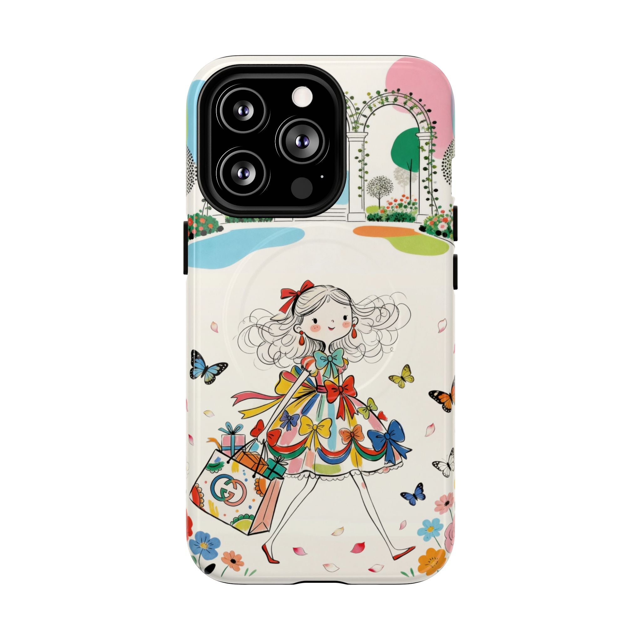 Whimsical Shopping Girl MagSafe iPhone Case | Cute Floral Butterfly Tough Case