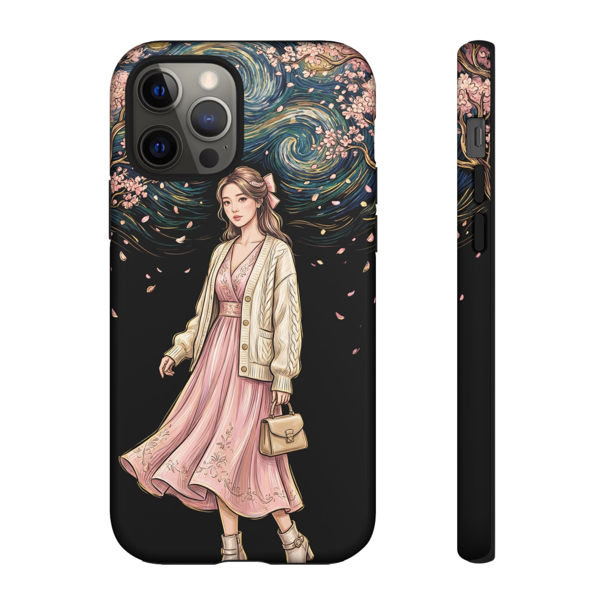 Floral Starry Night iPhone Case | Elegant Girl in Pink Dress