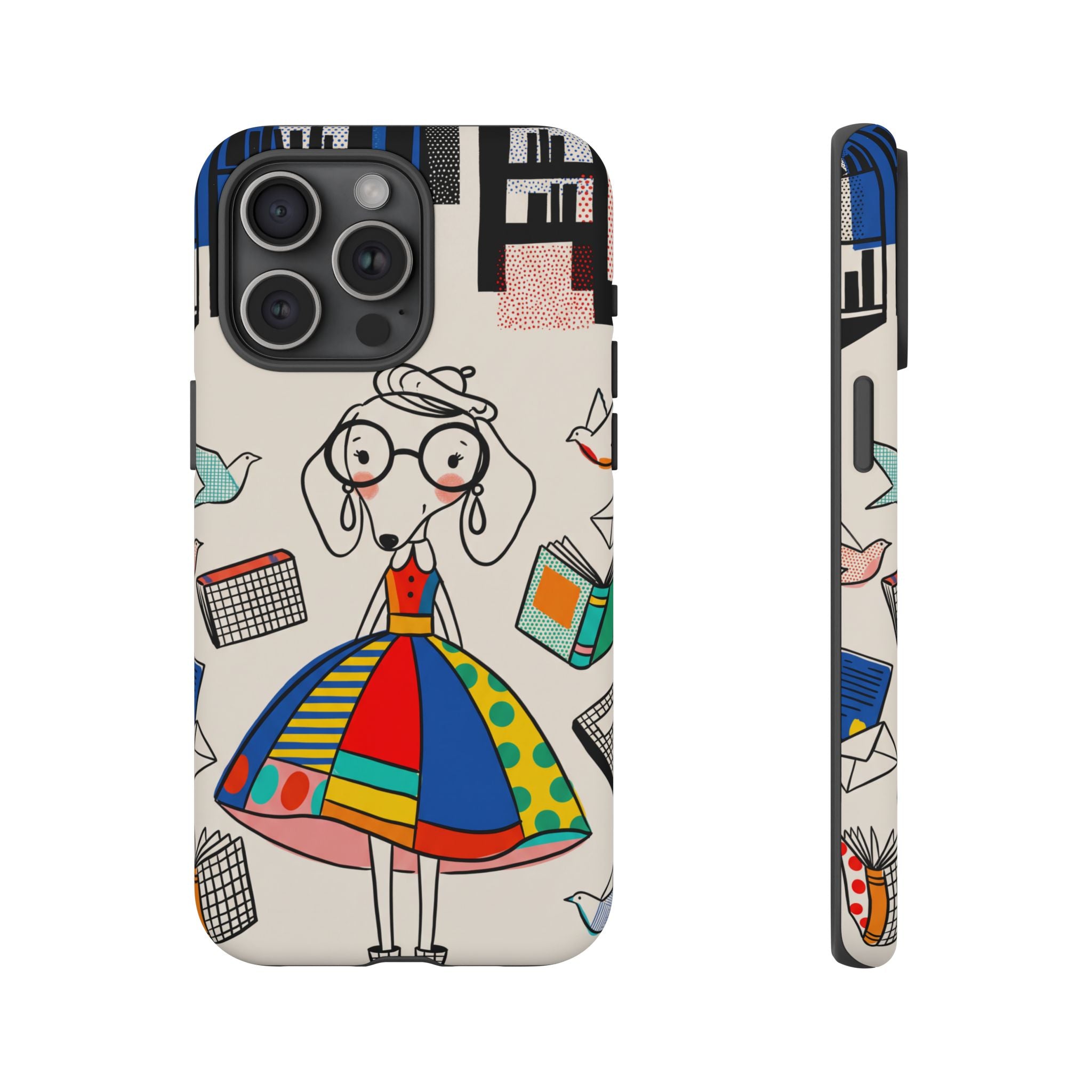 Cute Dachshund Dog Illustration iPhone Case | Colorful Whimsical Book & Bird Design