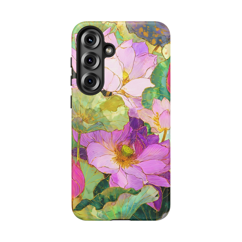 Custodia Protettiva Resistente per Telefono Samsung Galaxy con Acquerello Floreale | Cover Protettiva Giardino di Loto Rosa