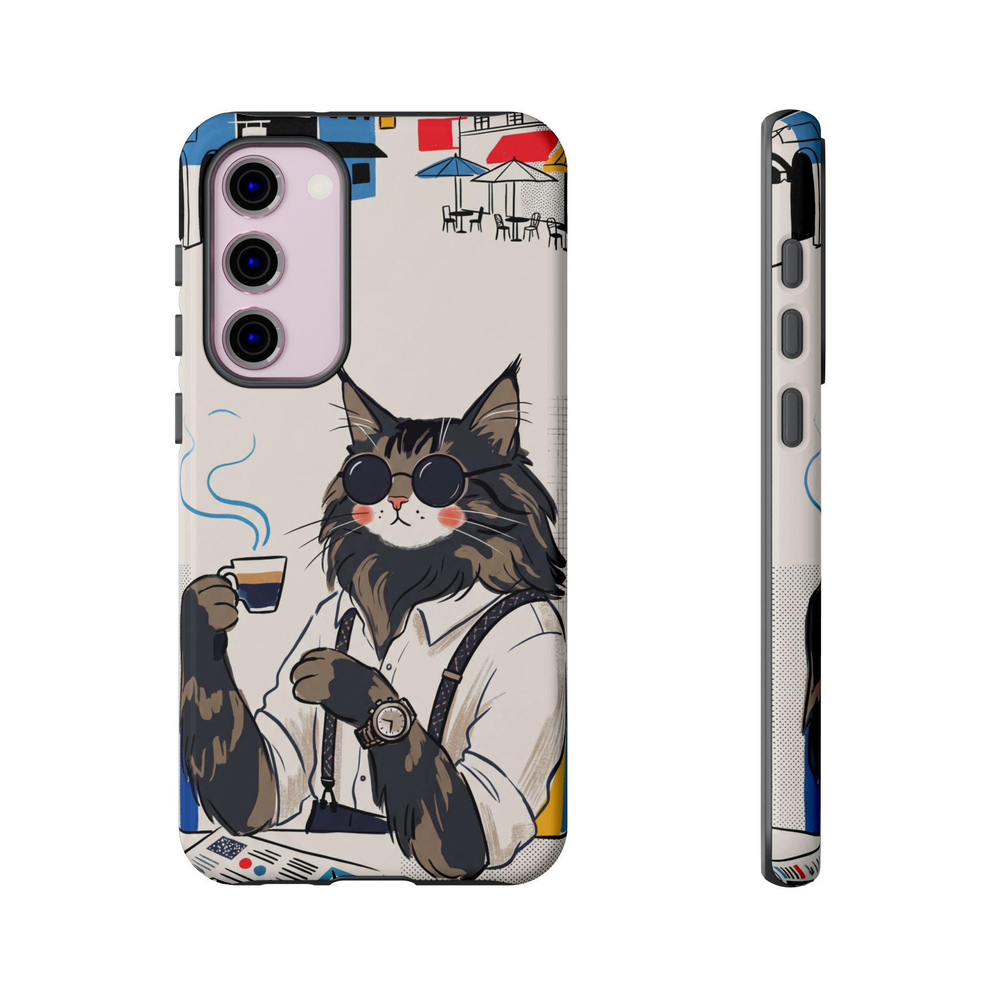 Cat Barista Samsung Galaxy Phone Case | Cool Cat in Sunglasses Coffee Shop Design