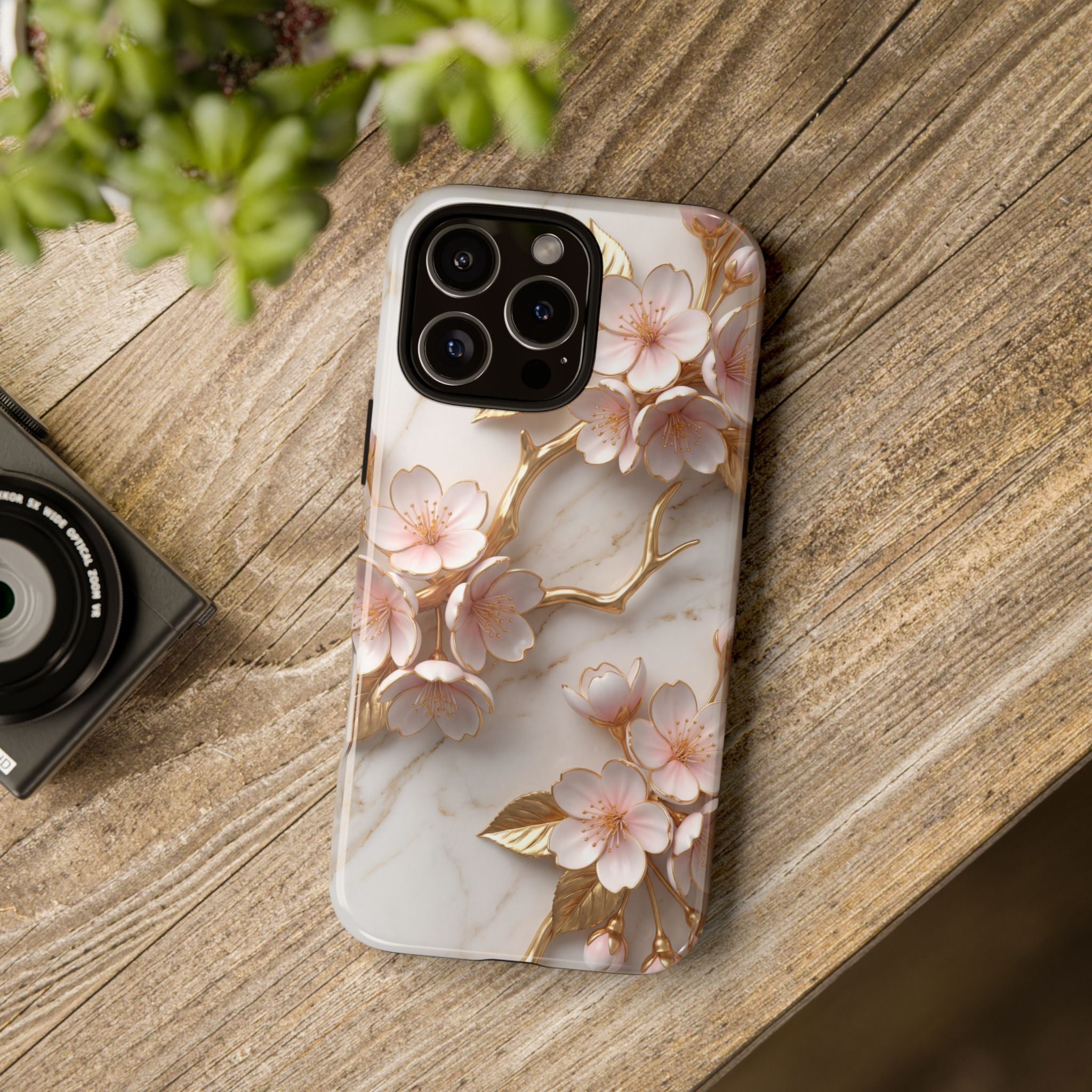 Floral Marble iPhone Case — Sakura Gold Cherry Blossom Tough Case