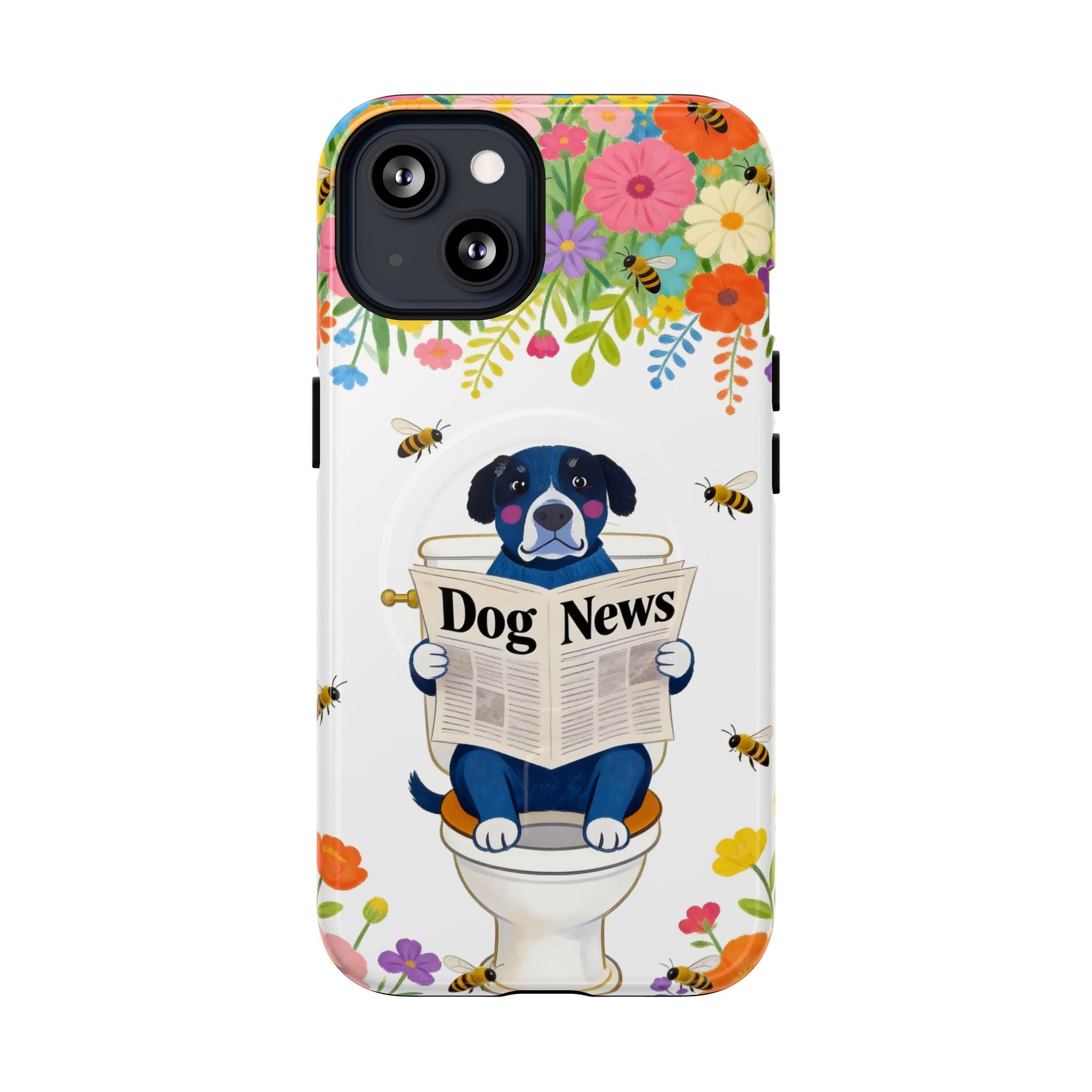 Dog News Floral MagSafe iPhone Case | Cute Dog on Toilet Pattern, Spring Floral iPhone Cover