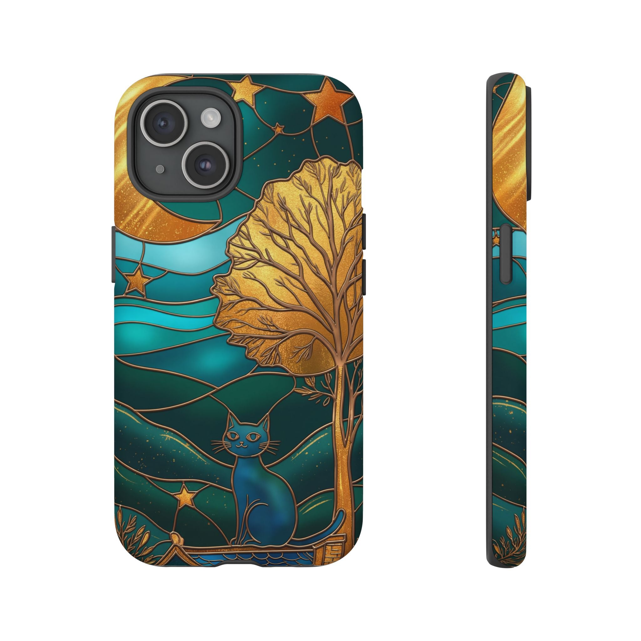 Stained Glass Cat Tough iPhone Case — Gold Tree & Starry Night Design